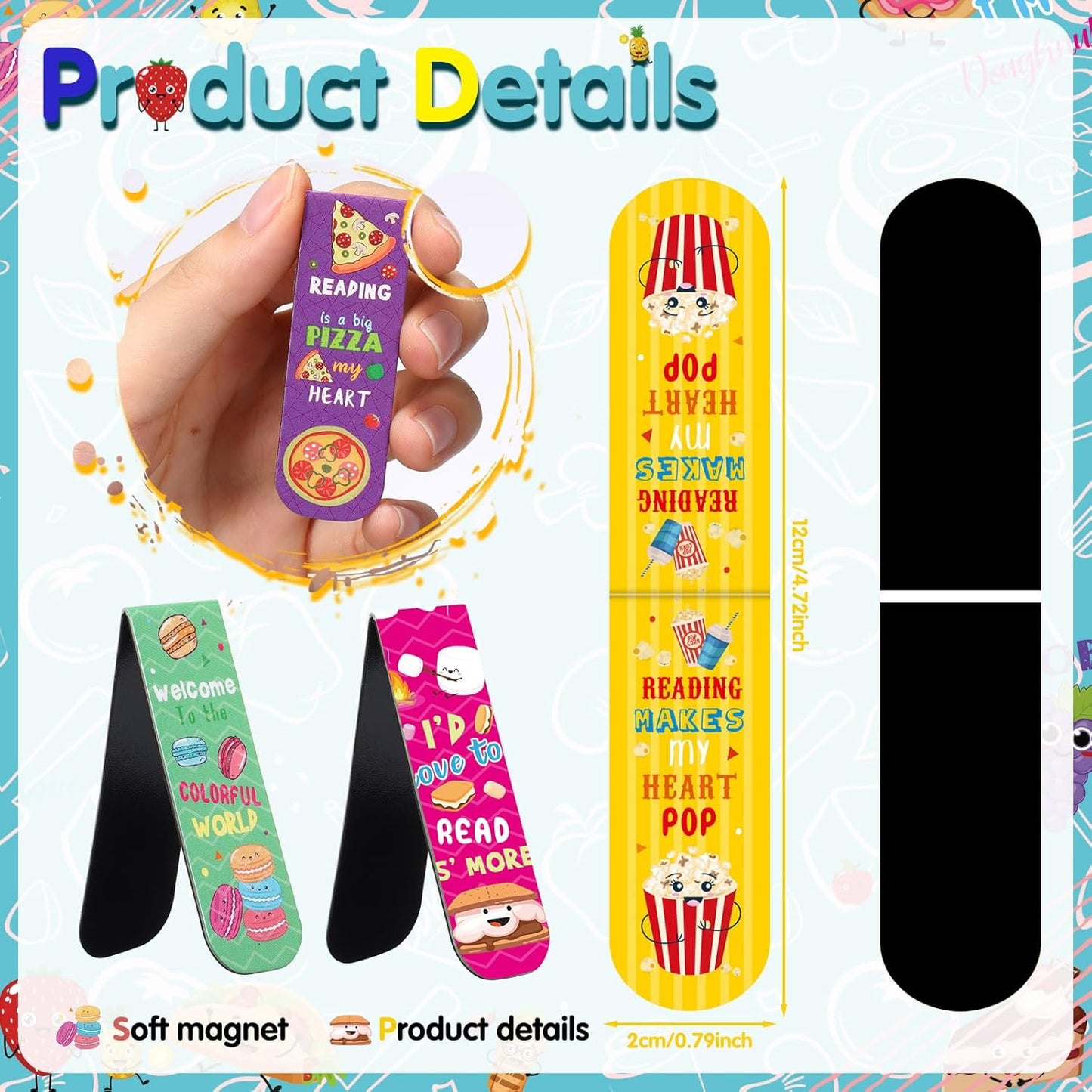 Pasimy 48 Pieces Cute Magnetic Bookmarks Fruit Food Theme Book Marks Bulk Encouraging Sayings Magnetic Bookmarks for Students Teachers School Home Office Reading Supplies