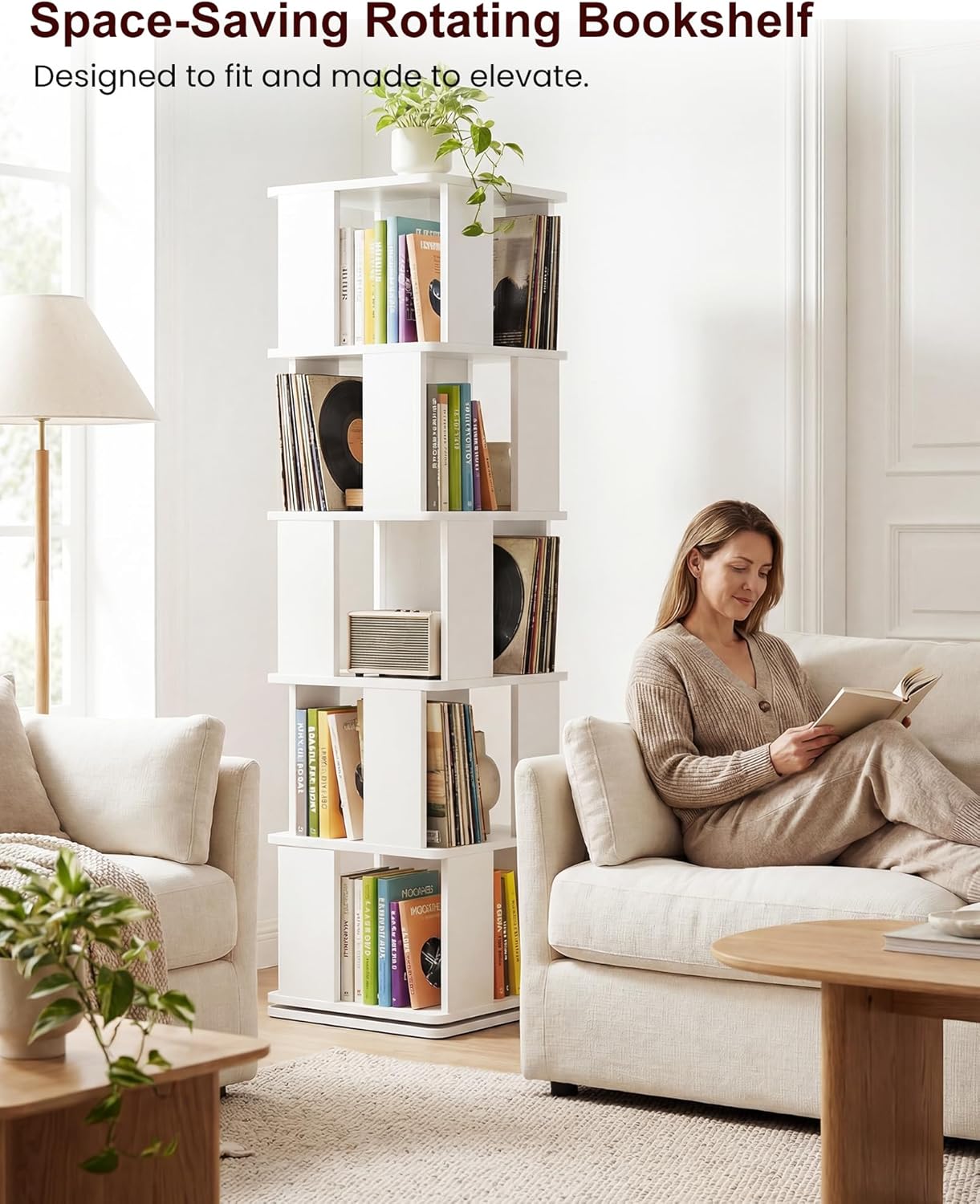 Foxemart 5-Tier Rotating Bookshelf Tower, 360° Spinning Modern Book Storage Bookcase, Stable Display Corner Book Shelf for Kids Room, Living Room, Bedroom, Home Office, White