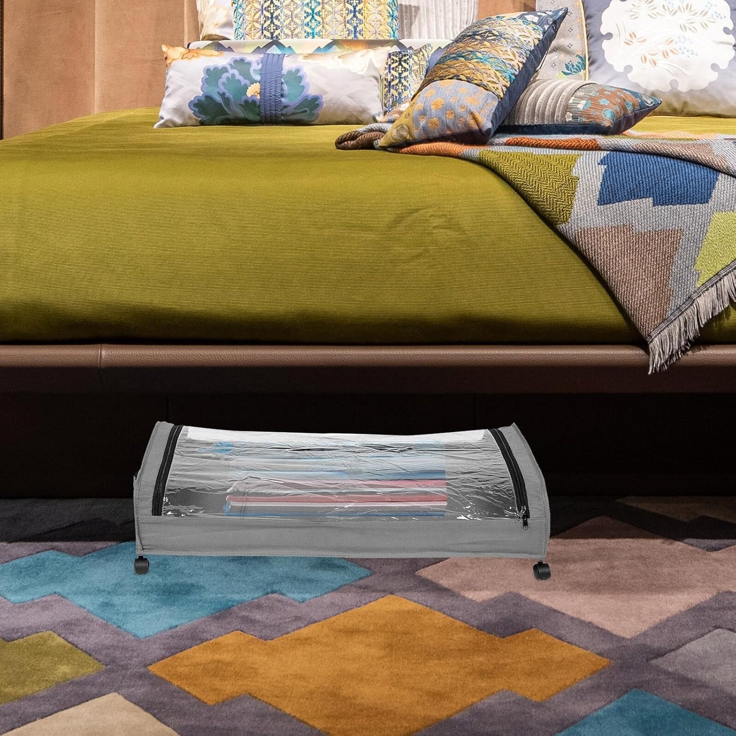 FAVOMOTO Bed Storage Organizer with Wheels, Grey Metal Rolling Clothes and Shoe Storage Rack with Fabric Cover Base for Bedroom Space Saving