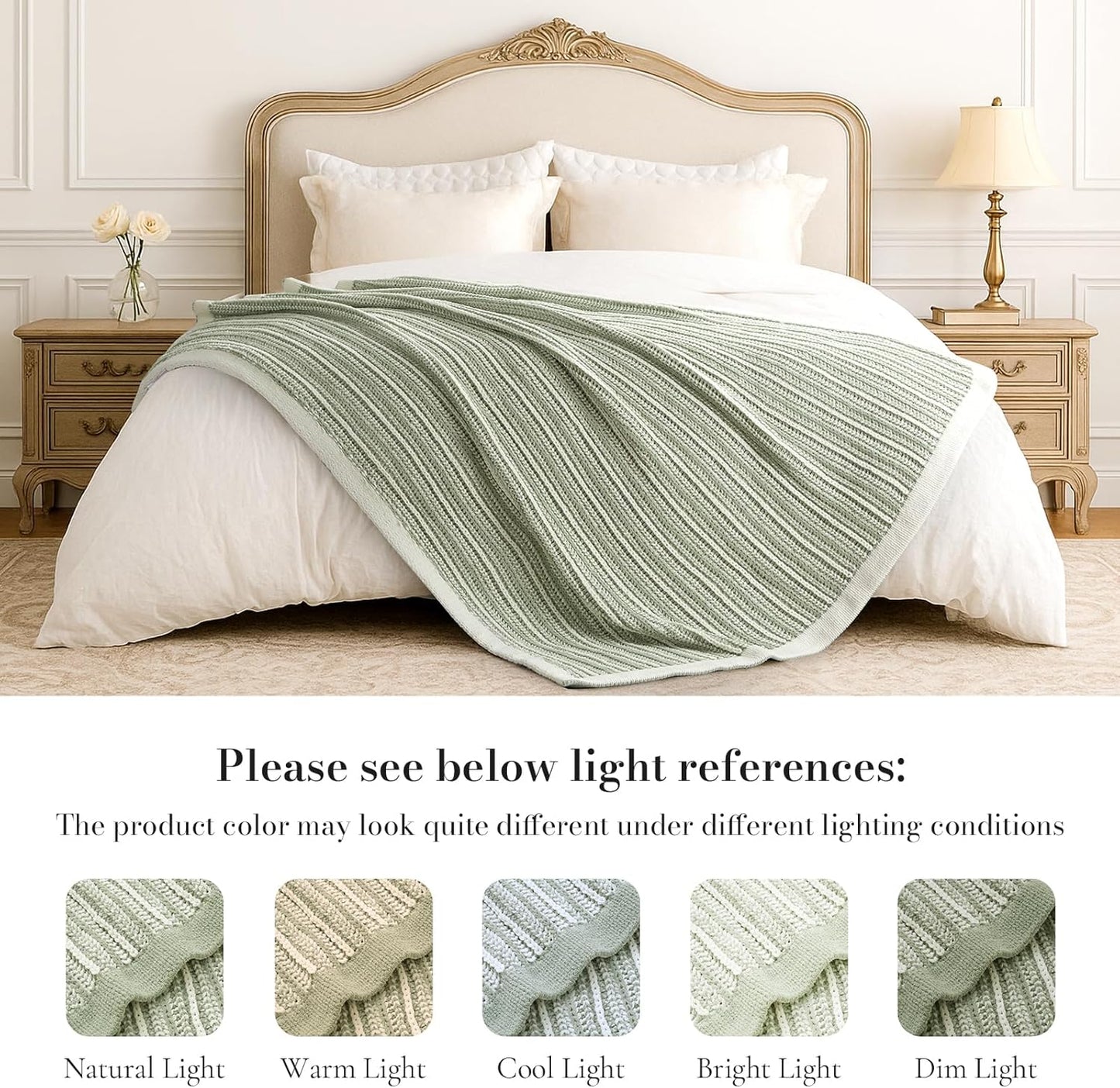 Amélie Home Striped Knit Throw Blanket for Couch, Dual-Sided Soft Chenille Decorative Blankets for Sofa & Chair, 50"x60", Sage Green & White