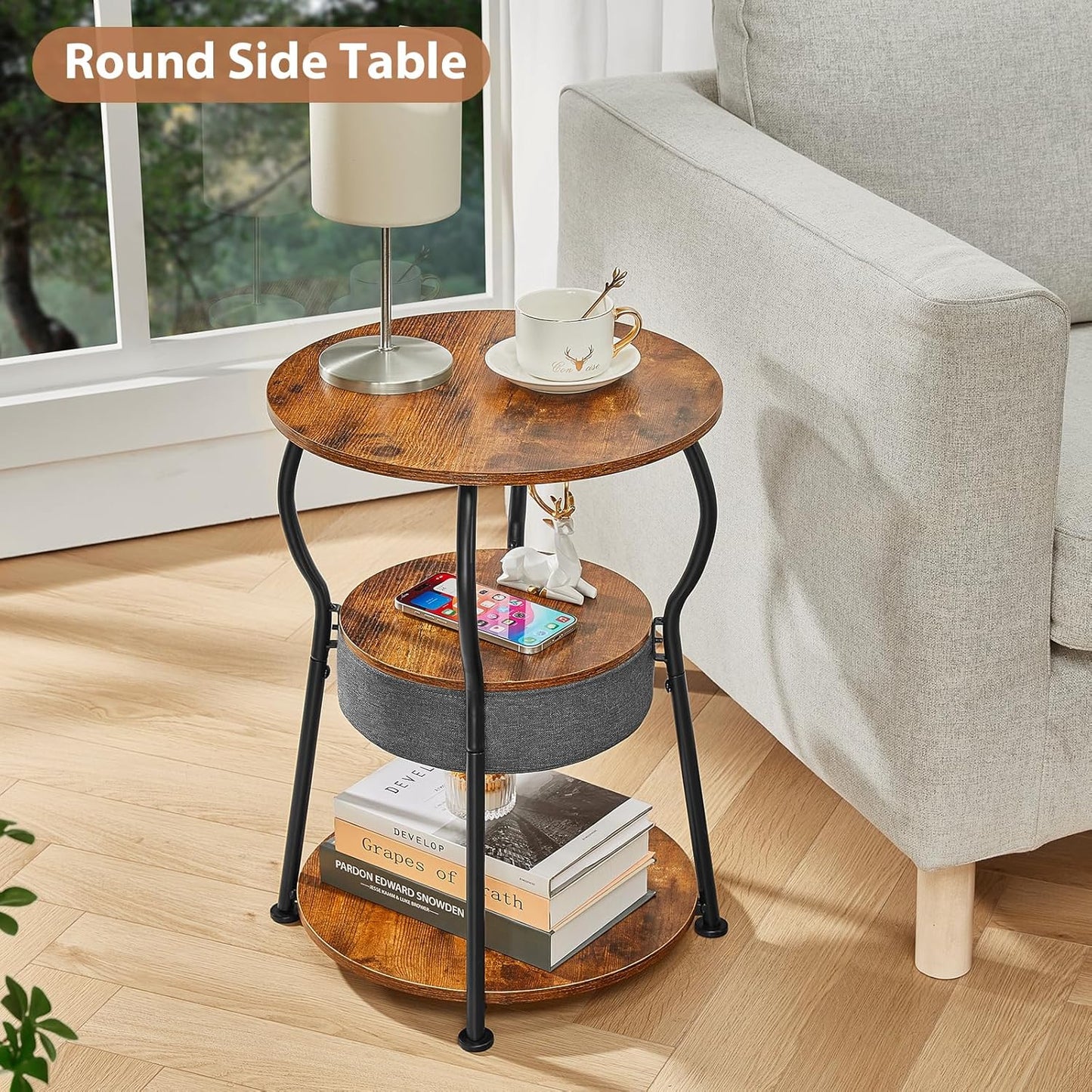 Small Round Side Table with Storage Bag, 3-Tier Accent Round End Table with Storage Shelves for Living Room, 21.6" H Vintage Small Corner Table for Smalls Spaces (D - 15.8 in Rustic Brown)