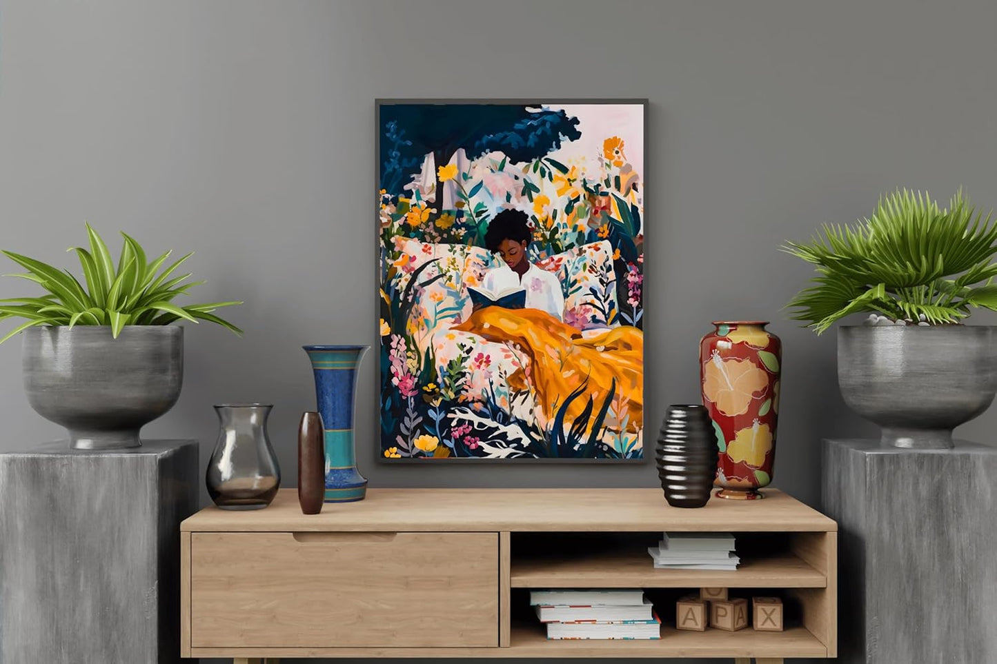 Black woman art Boho wall art Black Woman Reading in Floral Bed Poster Canvas Wall Art Retro African American Modern Family Bedroom Decor Room Aesthetic Wall Art Posters Unframed16x24inch Unframed
