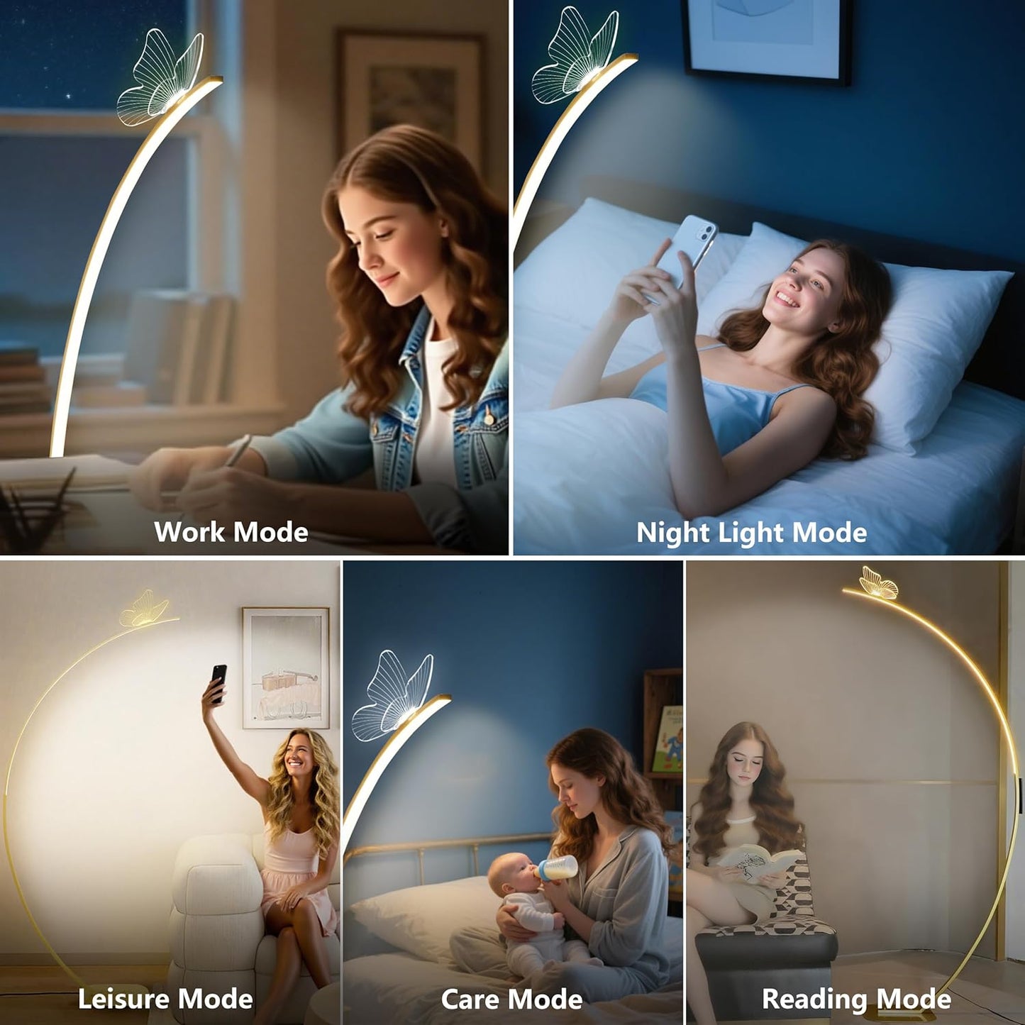 Modern Butterfly Arc Floor Lamp - Dimmable 2000 Lumens Arched Floor Lamp with Remote Control, 3 Color Modes & Foot Switch, Elegant Arc Floor Lamps for Living Room, Bedroom, Office Decor (Gold)