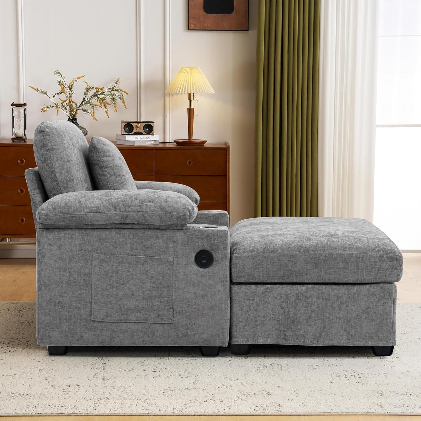 Modern Ergonomic Accent Chair with Ottoman - Supportive Oversized Lounge Chair for Living Room, Bedroom, Reading, Vanity, Comfy Seating with Lumbar Support, Cup Holders and Stylish Design,Grey-Chenill