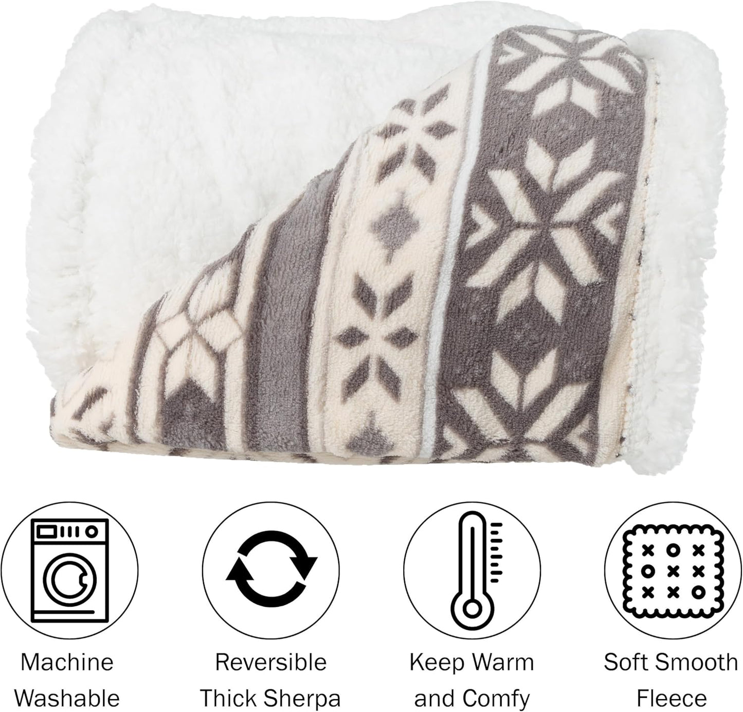 Reversible Fleece Blanket - 50-Inch x 60-Inch Machine-Washable Sherpa Throw with Snowflakes - Cozy Blanket for Couch, Chair, or Bed by Lavish Home