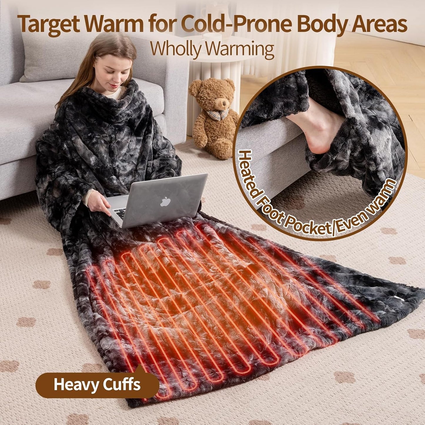 Bearhug Wearable Heated Blanket with Foot Pockets & Sleeves 50" x 70"+18" - Faux Fur & Sherpa, Heated Snuggle Blanket for Bed & Sofa, 6 Heating Levels, 4H Auto-Off, ETL Certified, Machine Washable