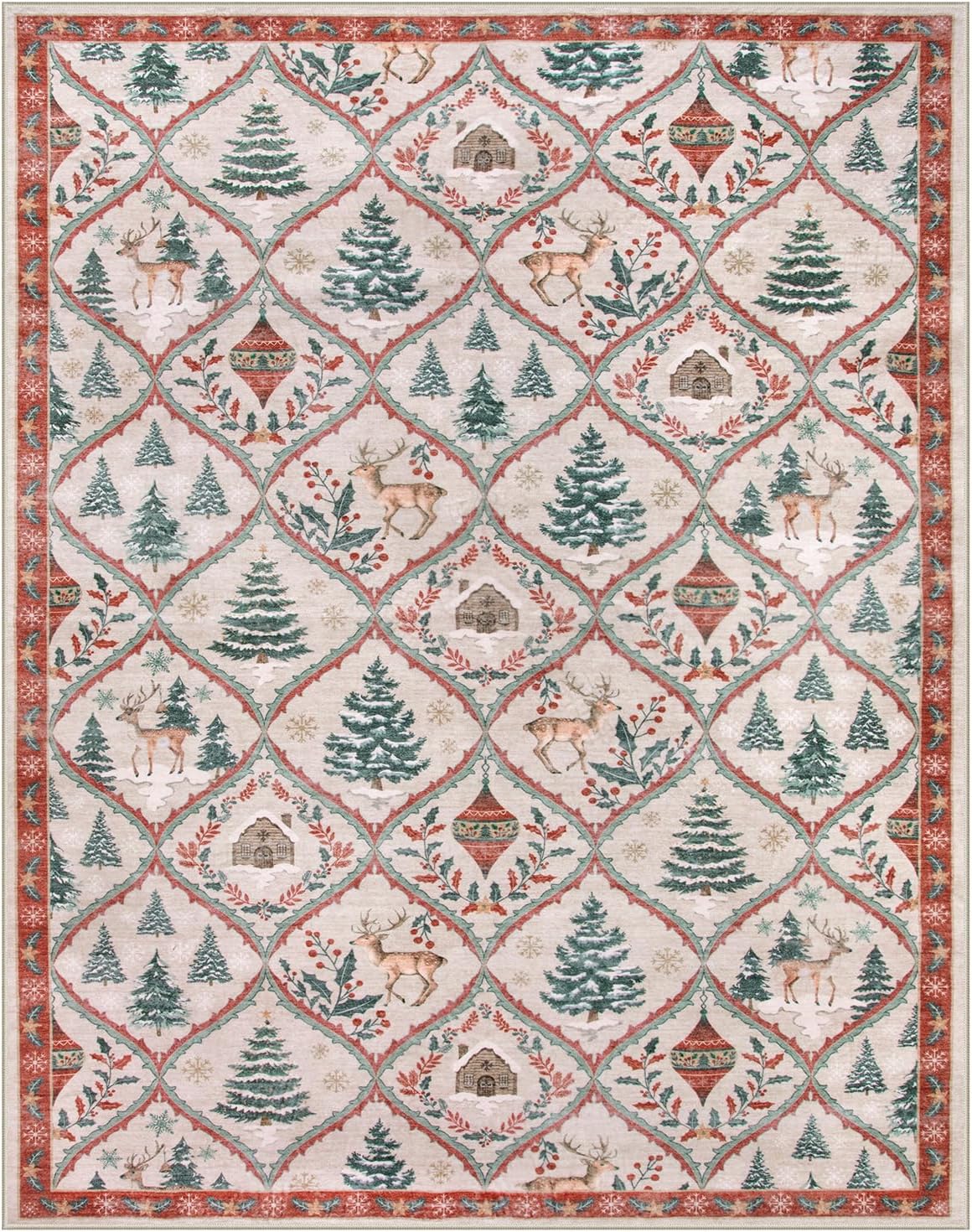 Lahome Christmas 8x10 Rugs for Living Room, Soft Christmas Bedroom Rug Print Reindeer Tree Carpet, Stain Resistance Non Shedding Indoor Carpet for Office Dining Room Xmas Decor (Beige/Red)
