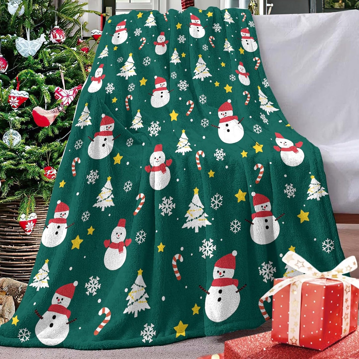 Green Christmas Snowman Flannel Throw Blanket, Xmas Tree Snowflake Candy Cane Stars Birthday Gifts for Kids Men Women, Winter Holiday Soft Blankets for Bedding Sofa 50 x 60 Inches