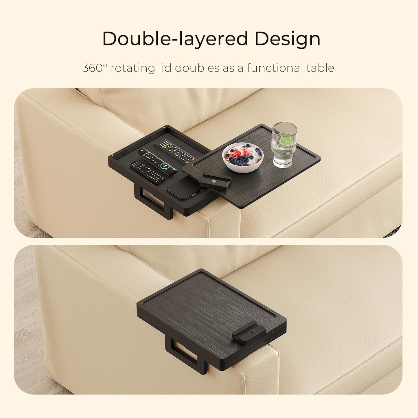 Wealone Black Couch Arm Tray for Wide Couch, Bamboo Sofa Arm Clip Table with Storage Box, Couch Armrest Tray with 360°Rotating Phone Holder, Sofa Arm Table Clip for Eating, Drinks or Dining