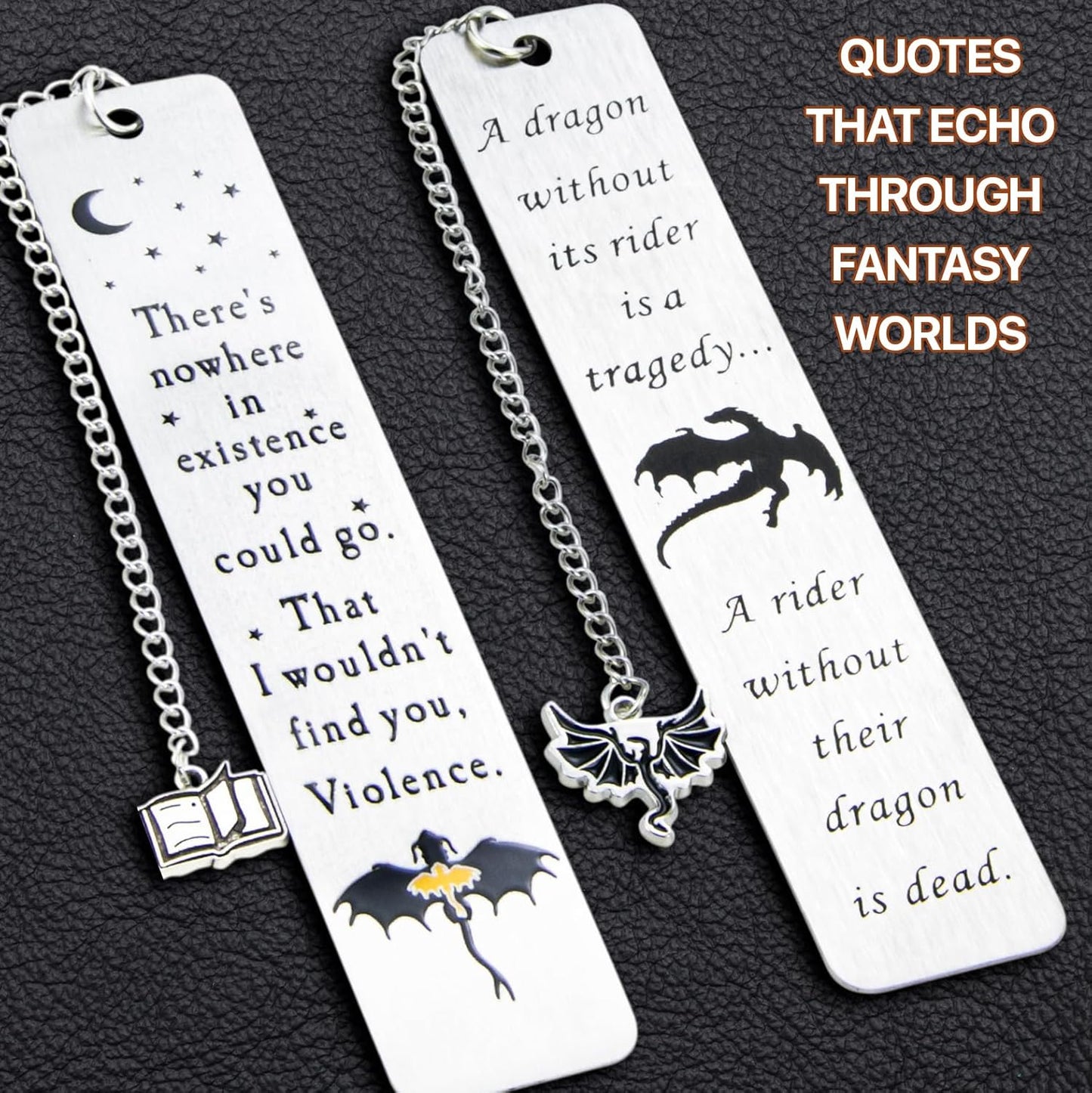 Dragon Metal Bookmarks – Set of 2 Engraved Fantasy Bookmark with Charms, Cool Bookmarks for Women and Men, Bookish Quotes Gifts for Readers, Magical Academy Book Accessories (Style 2)
