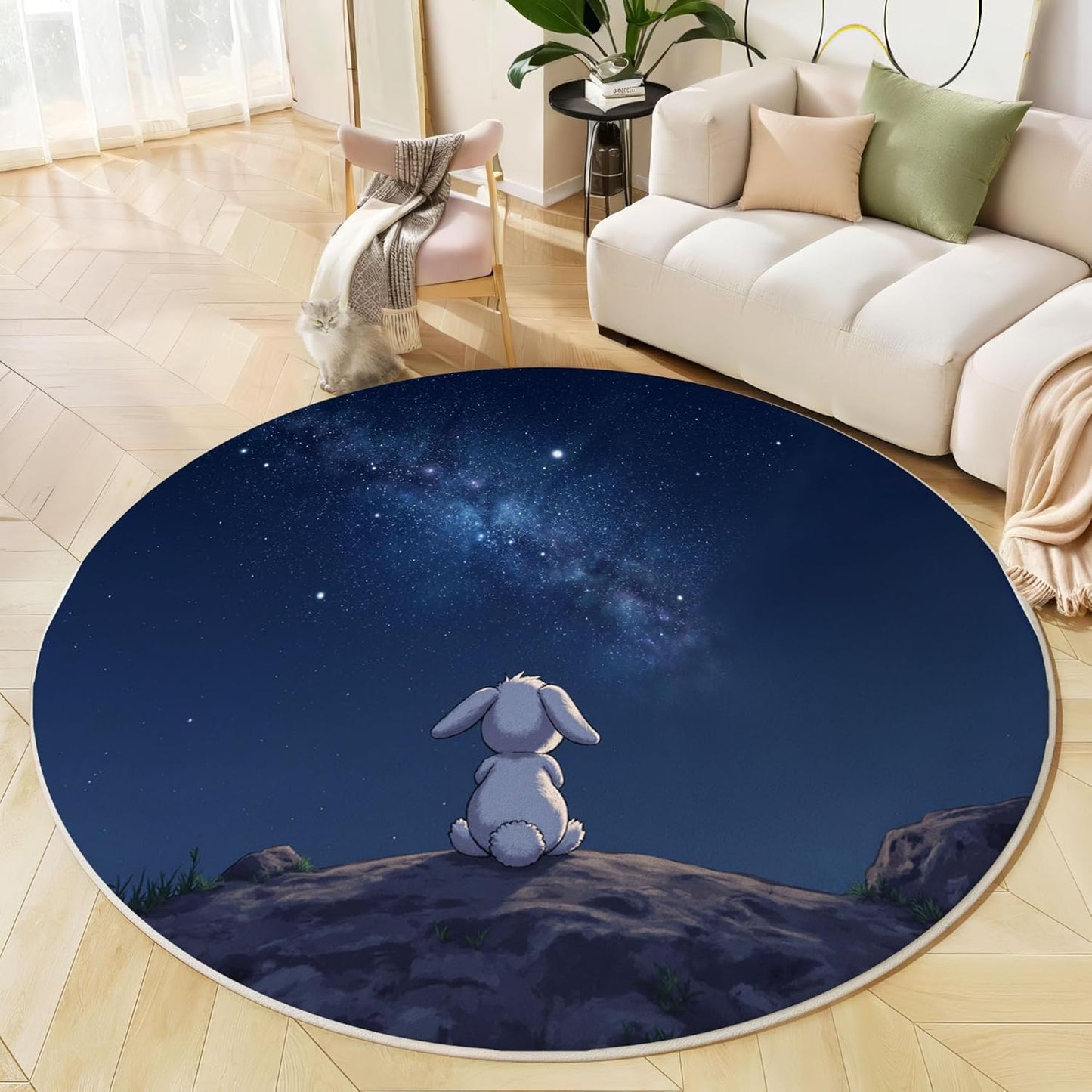 Round Area Rug, 5.25Ft Washable Non-Slip Dark Blue Cute Rabbit Starry Sky Circle Rug, Soft Low-Pile Milky Way Landscape Indoor Small Circular Carpet for Bedroom Entryway Dining Living Room