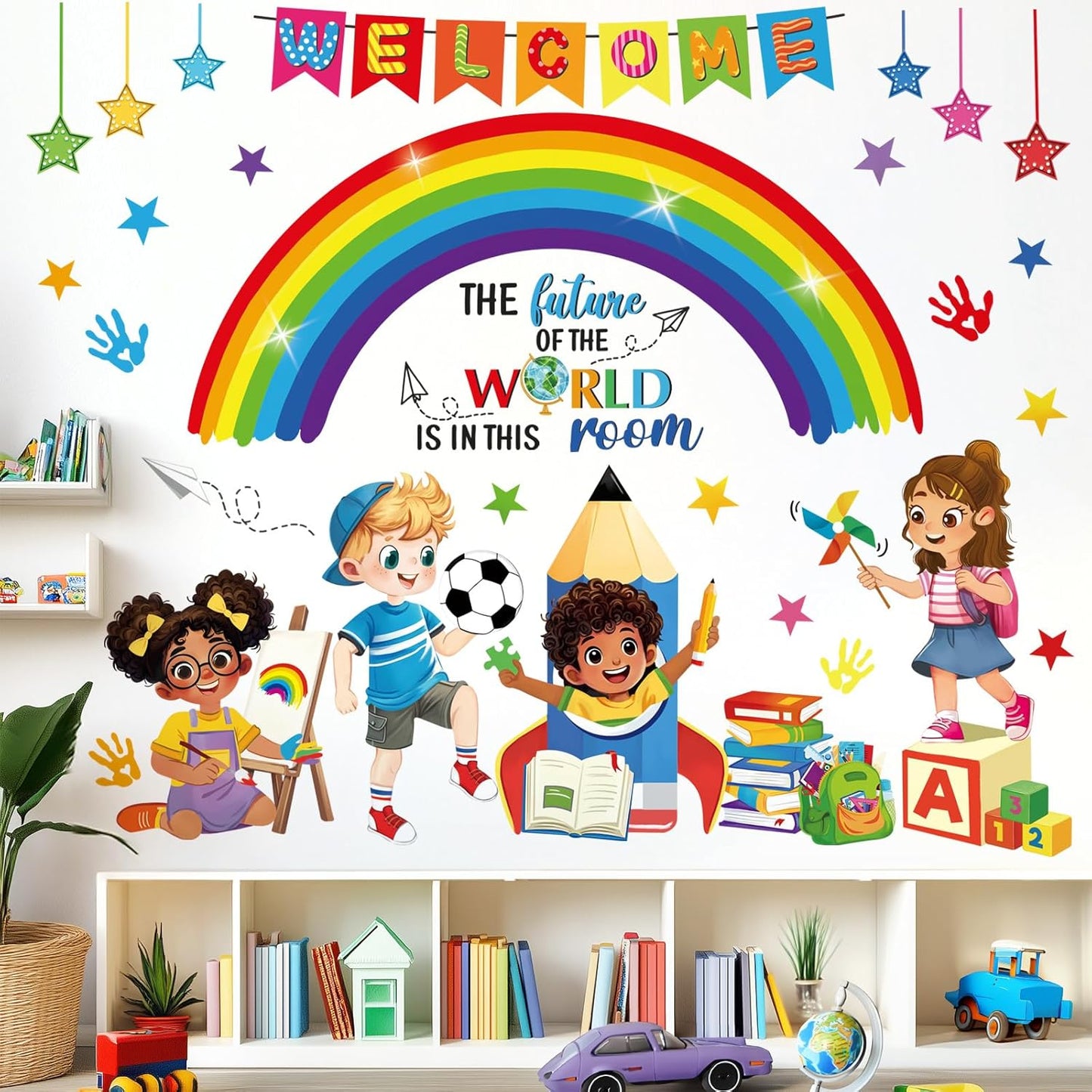 decalmile Rainbow Reading Corner Wall Decals Handprint The Future of The World Inspirational Quotes Wall Stickers Kids Playroom School Library Classroom Wall Decor