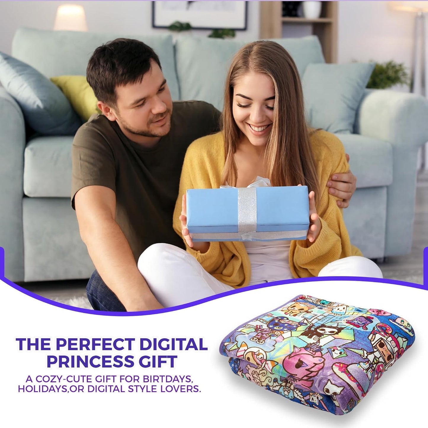 Tokidoki - Digital Princess Blanket - Kids & Girls Cozy Throw Blanket - with Your Favorite Unicorn Design - Personalized Gift - 50 x 60 Inches - 100% Polyester