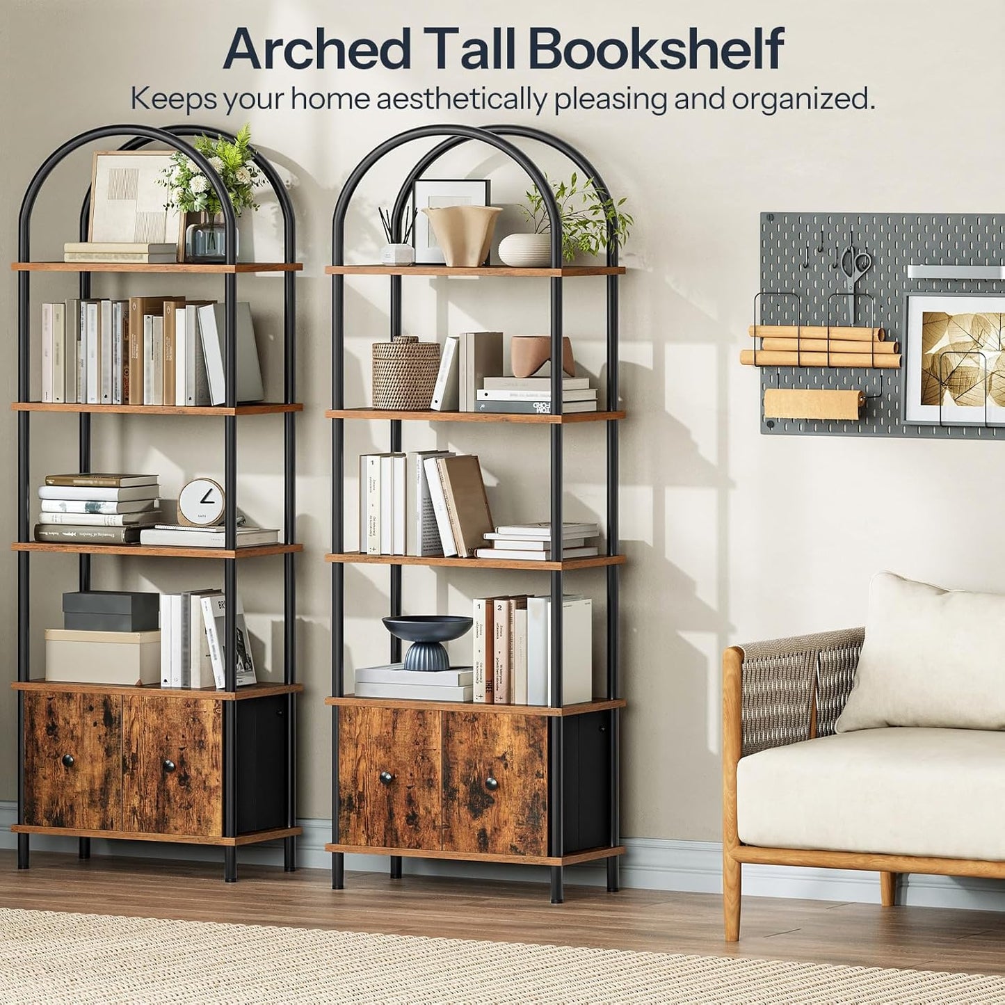 HOOBRO 5-Tier Bookshelf, Arched Bookcase with 2 Drawers, Tall Industrial Style Display Rack, Modern Standing Bookcase with Metal Frame for Office, Bedroom, Kitchen, Rustic Brown and Black BF175SJ01