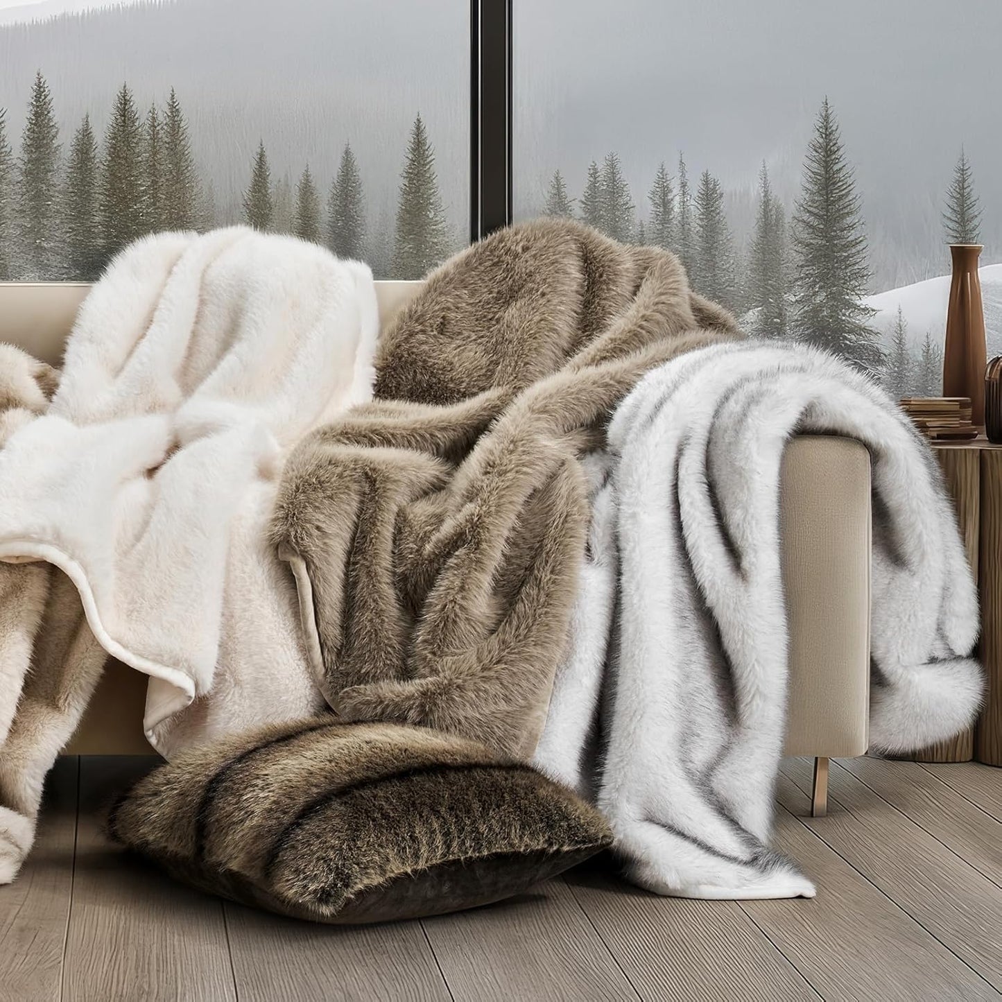 EVERGRACEHOME Luxury Faux Fur Throw Blanket, Soft Fluffy Faux Mink Blankets for Bed, Couch, Sofa, Thick Cozy Plush Warm Fur Throws with Reversible Velvet, Natural Mink, 50"x60"