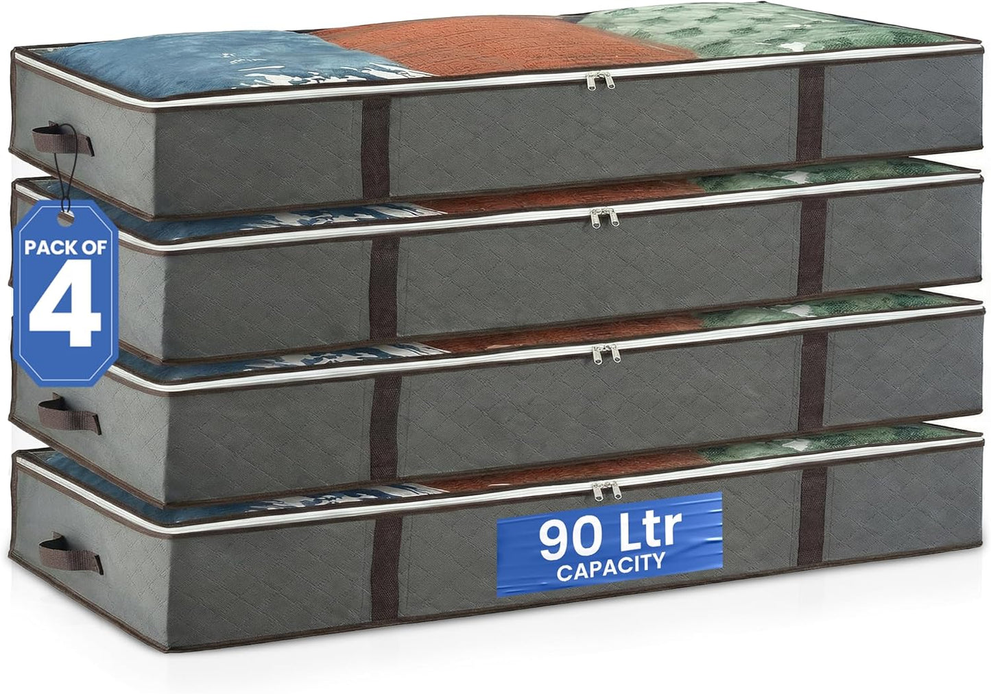 Underbed Storage Bags 4-Pack - Foldable Under Bed Storage Organizer for Clothes, Bedroom Blankets, Comforter, Pillows, Linen Sheets, Towels, Sweaters, Shoe Drawers - Ideal for College Dorms (Grey)