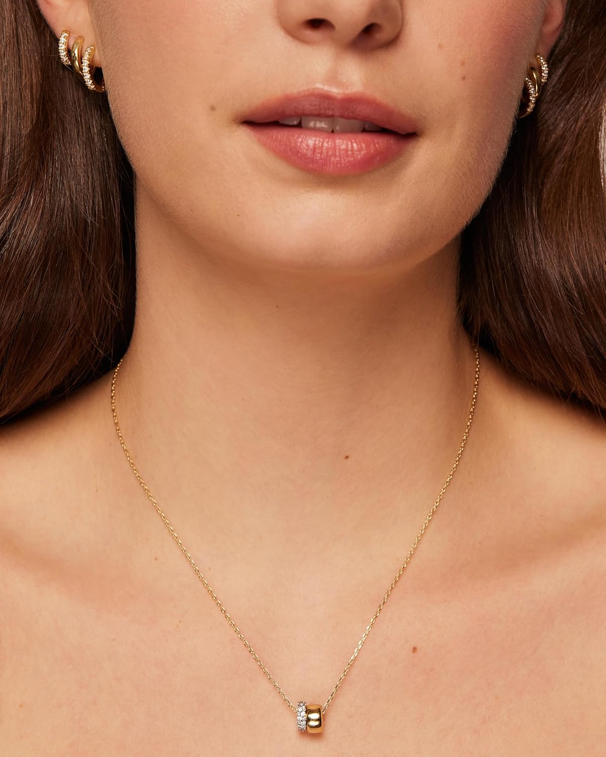 PAVOI 14K Gold Plated Pendant Necklace for Women | Two Distinct Rondelle Pendants with Cubic Zirconia | Sliding Chain Pendant | Trendy Fashion Jewelry
