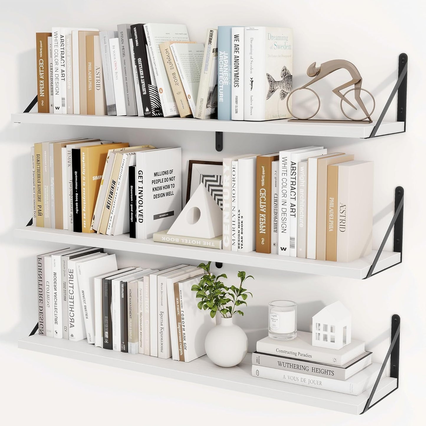 Heimlove Floating Book Shelves for Wall,35.4 Inches Long Wall Mounted Bookshelves,Heavy Duty Bracket Shelves for Living Room Kitchen,Laundry Room Storage & Decor,Set of 3,White