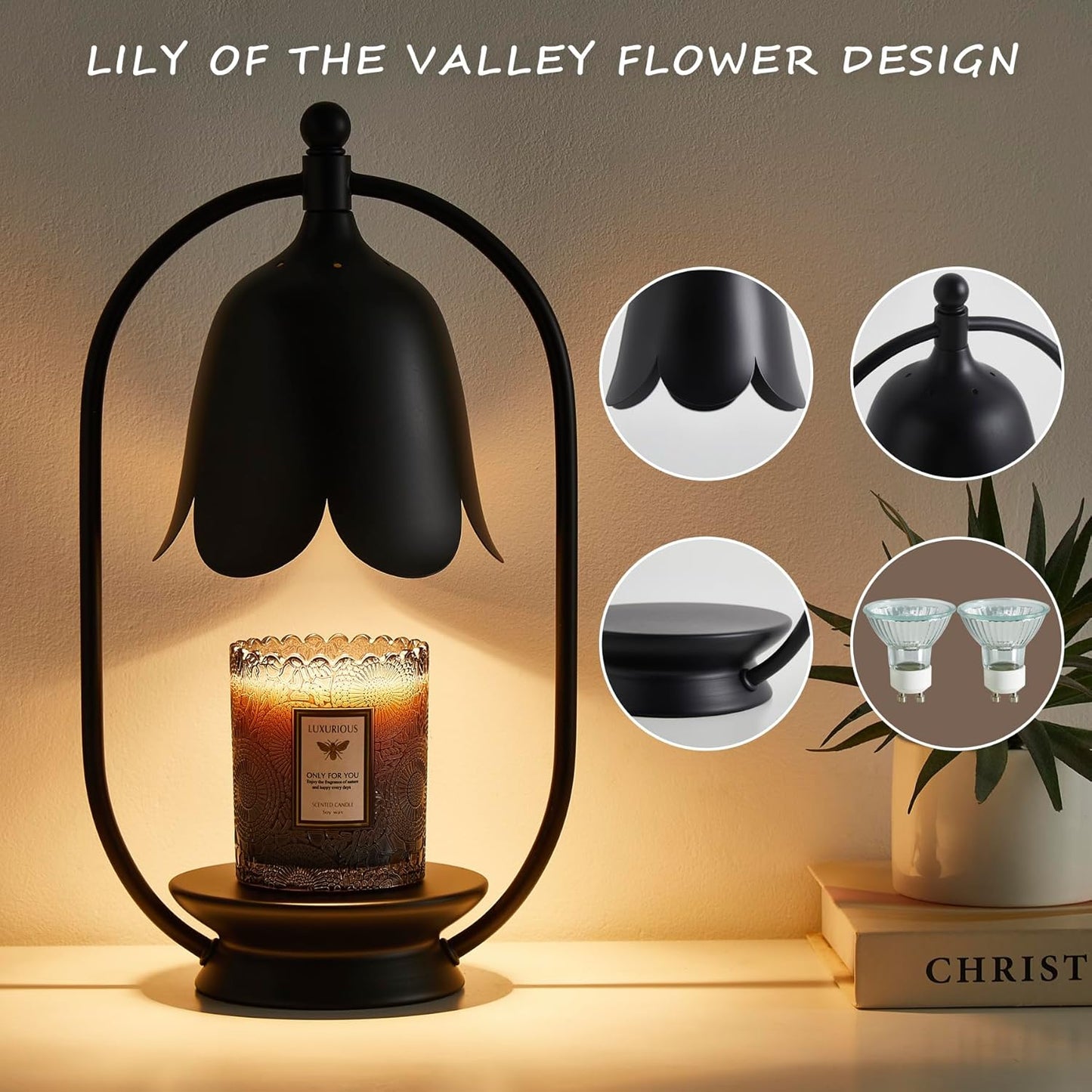Black Flower Candle Warmer Lamp, Christmas Gift New Year Present Wedding Lamp - Timer Dimmable, Bedroom House Aesthetic Living Girls Women Mom Room New Home Decor