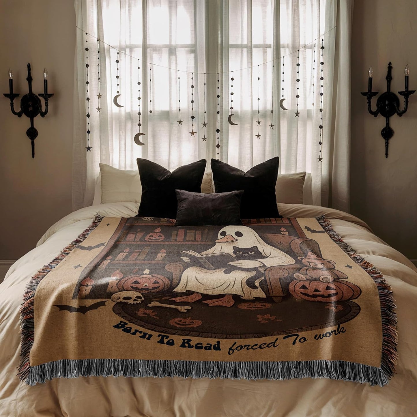Born to Read Halloween Blanket – Ghost Reading Woven Throw – Cozy Fall Blanket for Book Nook, Gift for Readers & Spooky Decor