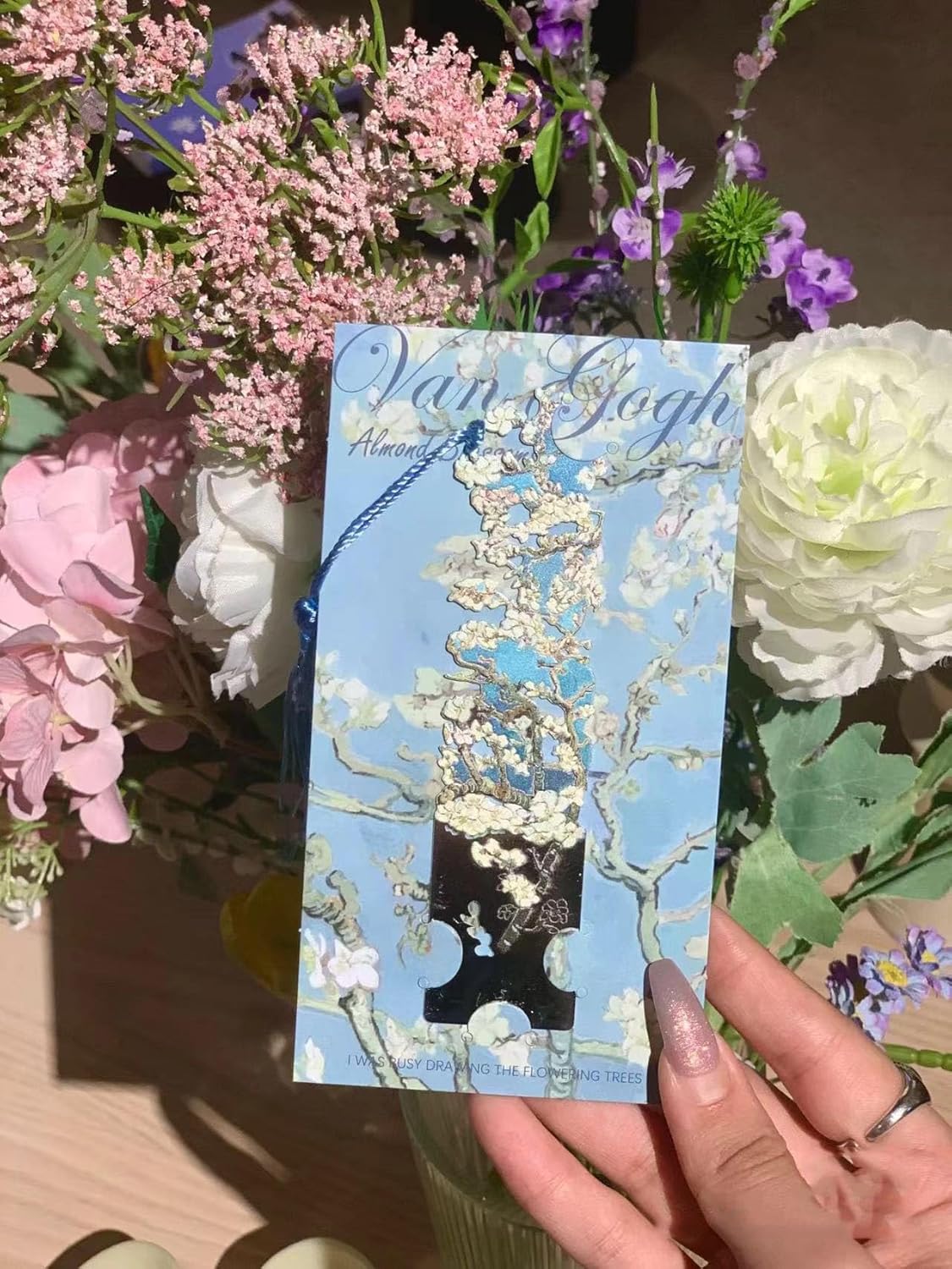 2 Pcs Metal Bookmarks with Tassel, Sliver Hollow Bookmark Van Gogh Oil Painting Theme Bookmark Art Bookmarks for Book Lovers Writers Readers Children Teens Men Women Adults (Blossoms+ Rose)