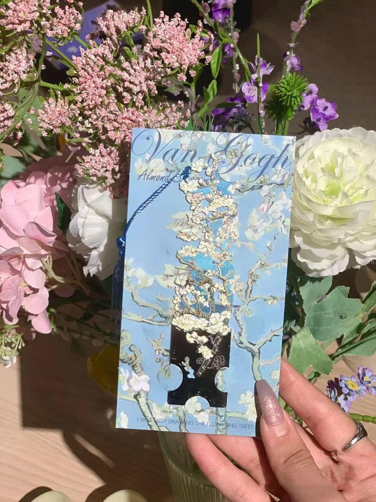 2 Pcs Metal Bookmarks with Tassel, Sliver Hollow Bookmark Van Gogh Oil Painting Theme Bookmark Art Bookmarks for Book Lovers Writers Readers Children Teens Men Women Adults (Blossoms+ Rose)