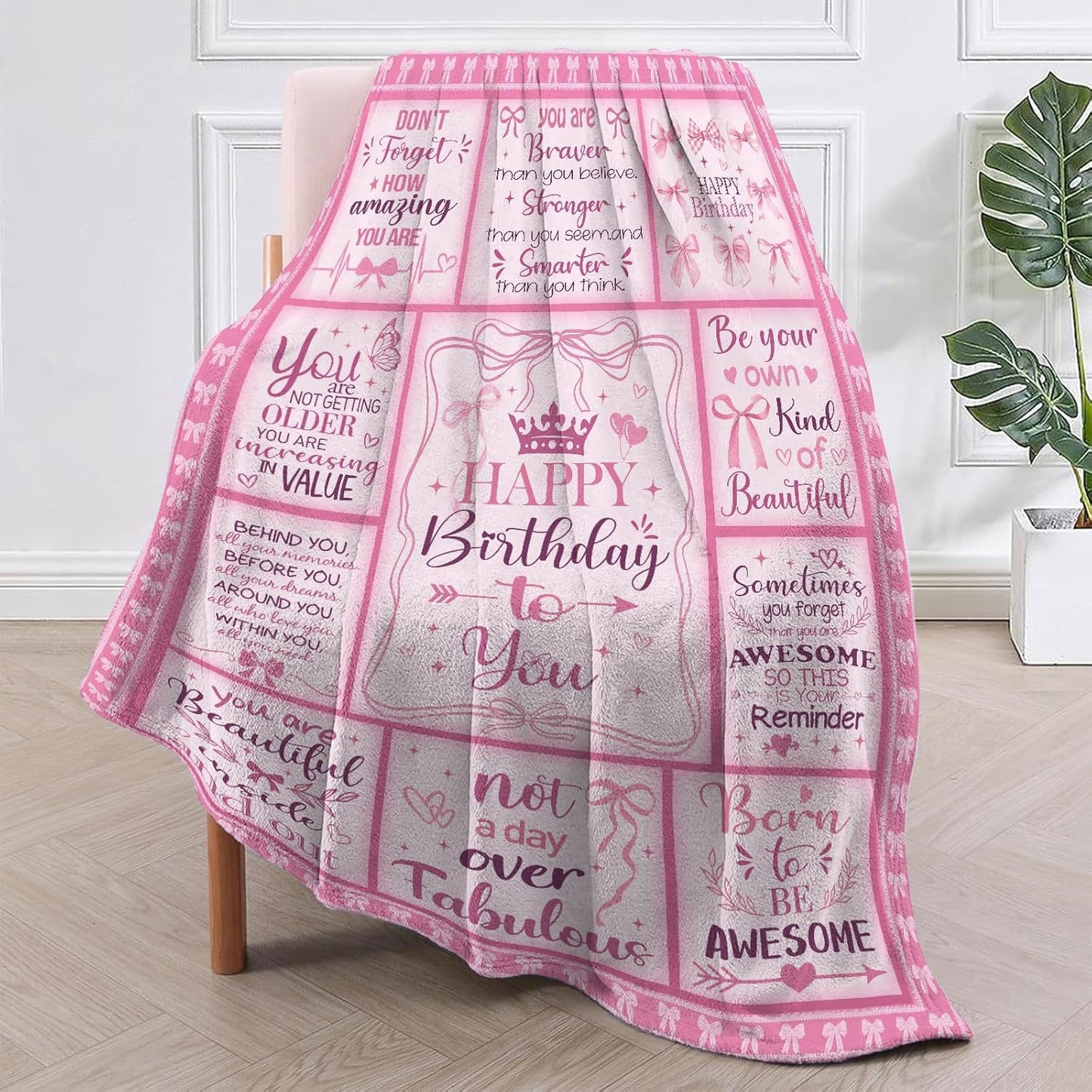 Pink Bow Birthday Gifts for Women Girls Throw Blanket 50"x60", Happy Birthday Decorations for Womens Pink, Gifts for Women Bday Unique, Womens Birth Day Gift Ideas for Her Teen Girl Sister Friend