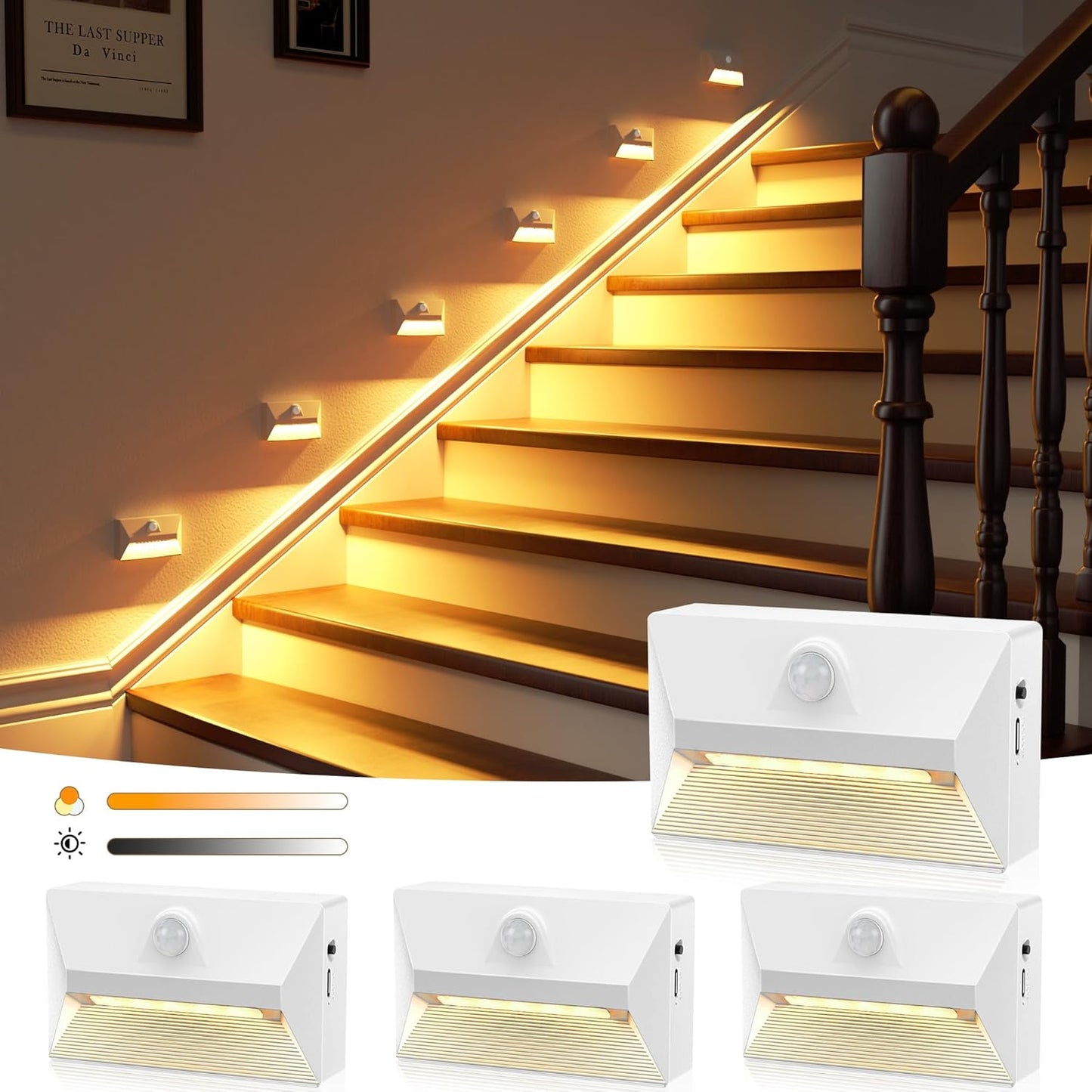 NIORSUN Motion Sensor Stair Lights Indoor, 2000mAh Battery Operated Night Light, 3 Color Temperature with Light Sensor for Stairway, Hallway, Bathroom, Kitchen, Bedroom White 4 Pack