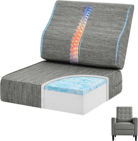 baibu Gel Memory Foam Recliner Cushions with Lumbar Support Pillow for Elderly, 20x20x5 Inch Thick Dual-Layer Design Non-Slip Seat Cushion for Recliner Chair for Reduce Hip & Lumbar Pain, Grey
