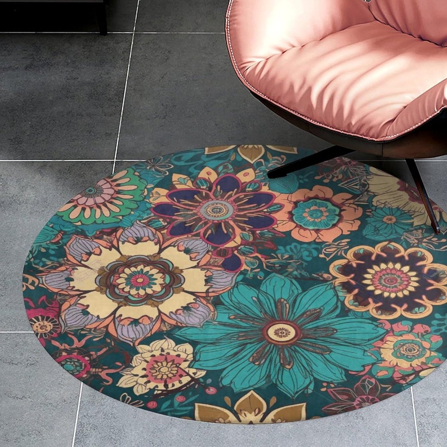 Bohemian Flower Circle Rug Retro Luxury Coral Velvet Floor Mat Non Slip Soft Indoor Floor Carpet Comfy Thickened Area Rugs Modern Aesthetic Minimalist Carpets for Home Decor