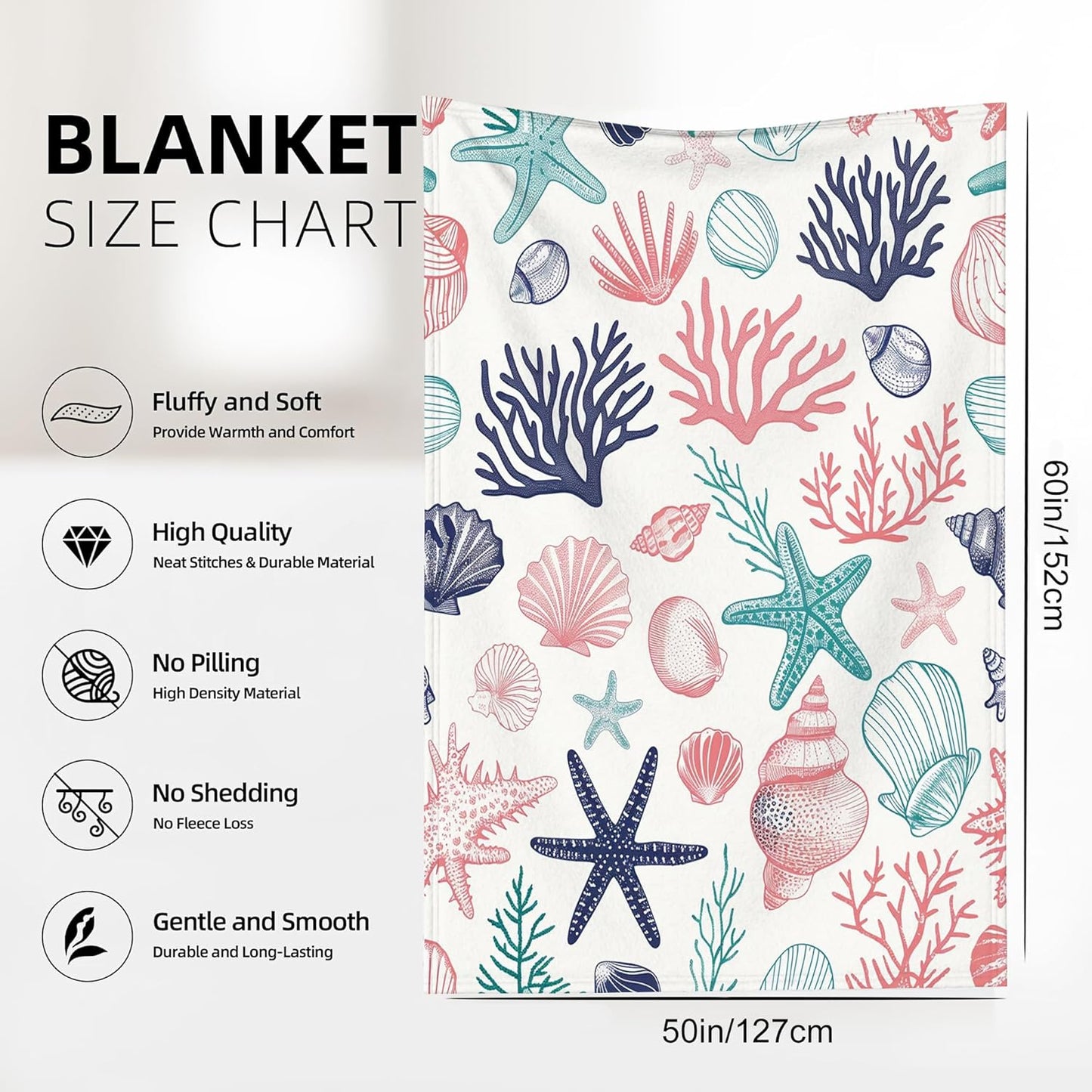 Ocean Shell and Starfish Throw Blanket, Summer Blanket Throw for Adults, Lightweight Soft Cozy Blanket for Couch Sofa Bed Room Decor 50x60 Inches