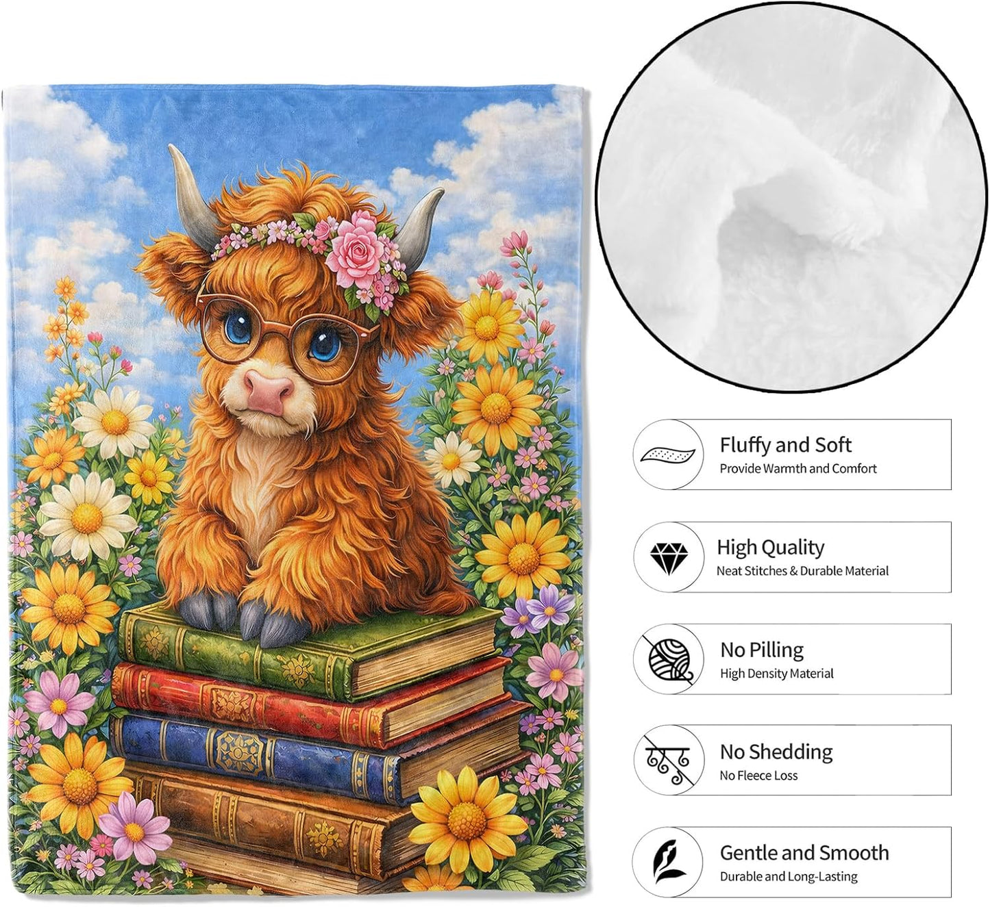 Highland Cow Book Throw Blanket, 50x60in, Soft Lightweight Flannel, Farm Floral Design Blankets,Gifts for Women Kids and Reading Lovers,for Couch Travel Office Home Living Room Cabin Decor