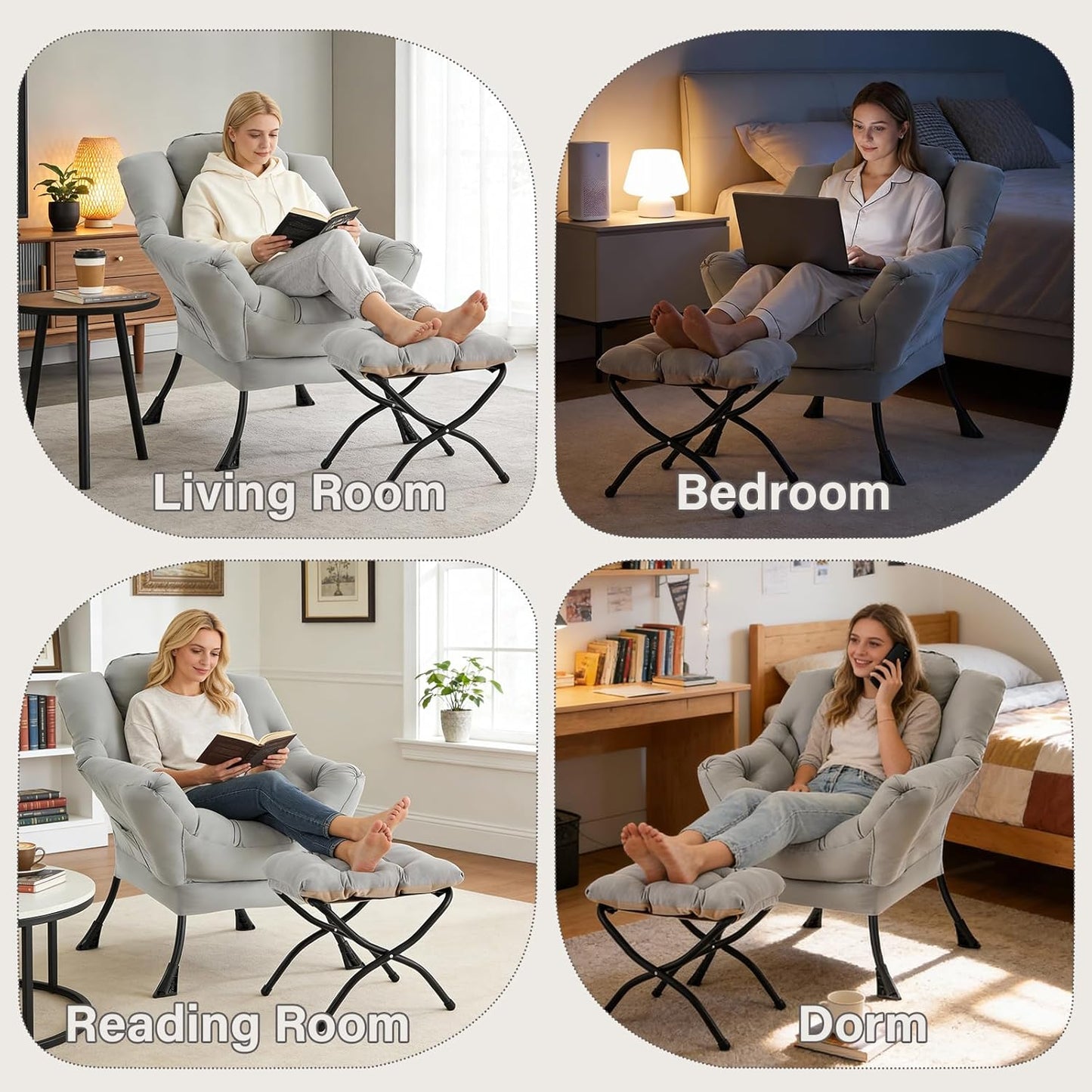 Lazy Chair with Folding Ottoman, Modern Accent Lounge Armchair with Armrests and a Side Pocket & Foldable Footstool, Leisure Reading Chair for Living Room, Bedroom, Dorm & Office, Light Grey
