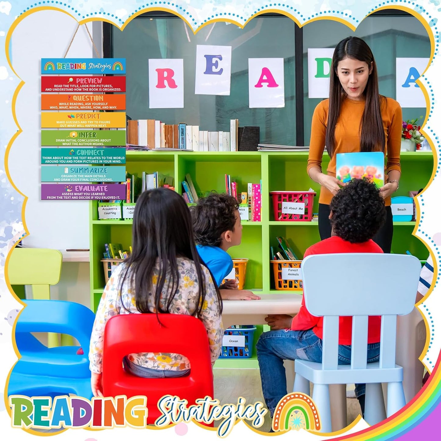 Threehoney Reading Strategies Posters Classroom Reading Corner Decor 20x13 Read Educational Bulletin Board Poster Read Comprehension Wooden Sign for Library Kindergarten Preschool Elementary Supplies