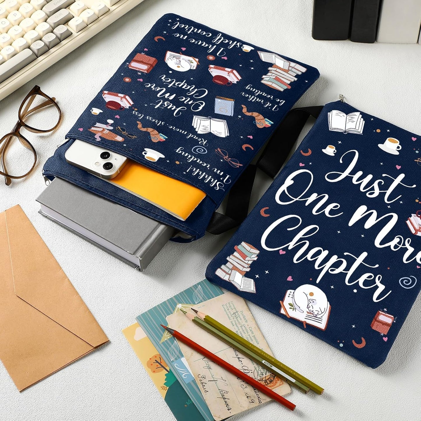 2 Pcs Book Sleeves Just One More Chapter Canvas Book Cover Pouches with Zipper Washable Front Pocket Gifts for Books Lover Reader Reading