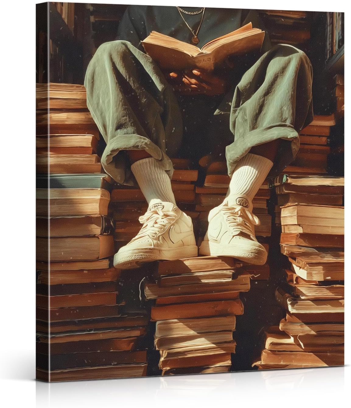 Black Man Reading Wall Art Print - Bookish Man on Books Canvas Poster Painting - Book Lover Gifts Wall Decor for Home Reading Nook Study 8x10 Inch Framed