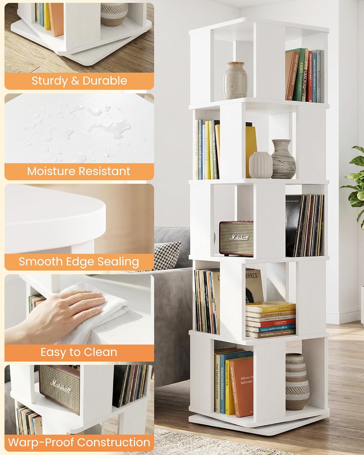 Foxemart 5-Tier Rotating Bookshelf Tower, 360° Spinning Modern Book Storage Bookcase, Stable Display Corner Book Shelf for Kids Room, Living Room, Bedroom, Home Office, White