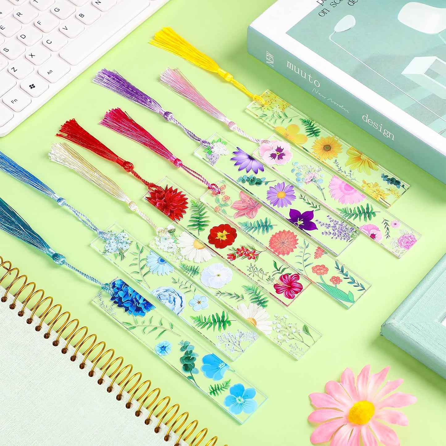 Outus 8 Sets Flower Acrylic Bookmarks for Reading Women Transparent Acrylic Cute Floral Bookmarks with Colorful Tassels Gift for Women Teacher Book Lovers Reading, 8 Styles