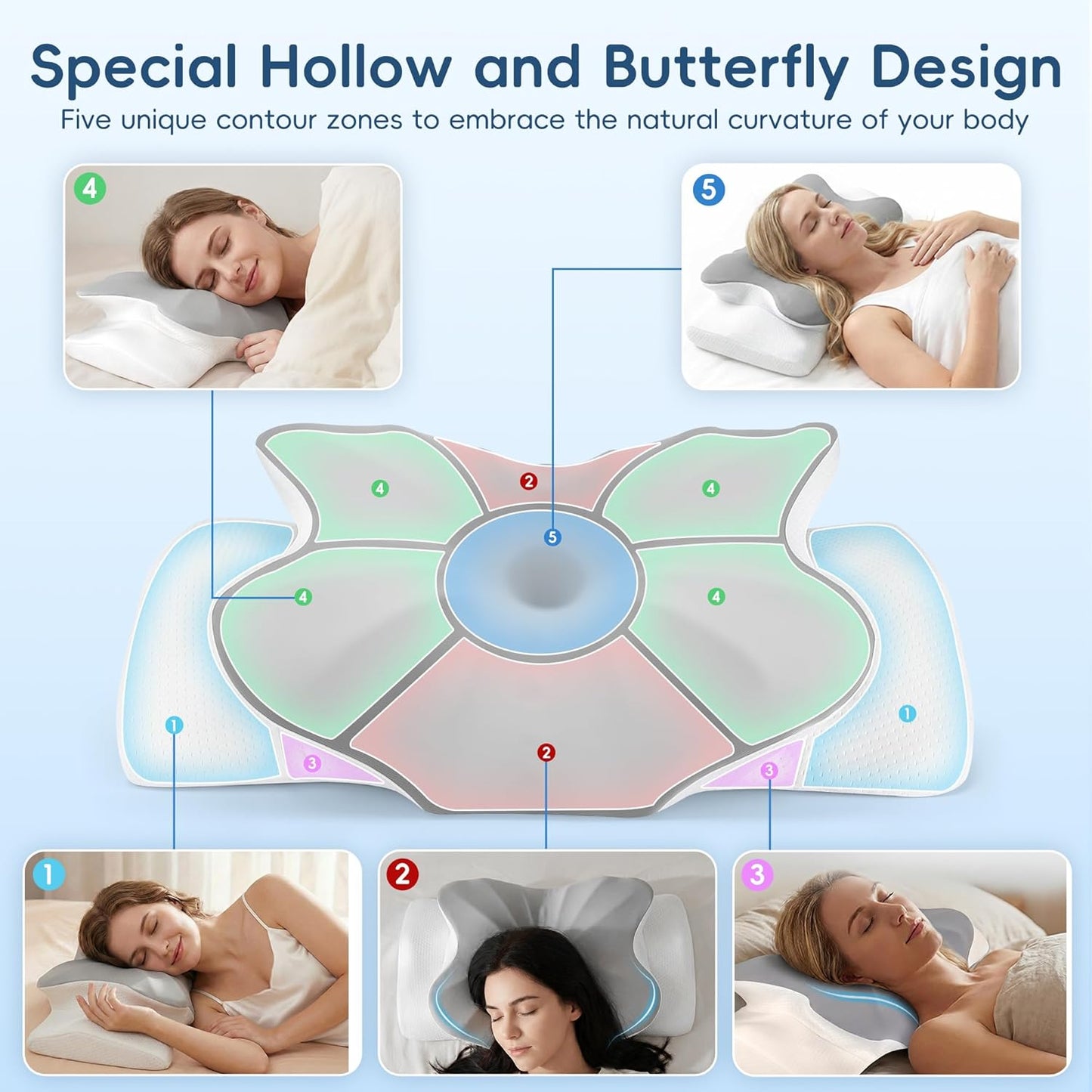 Cervical Pillow for Neck and Shoulder Support, Ergonomic Contour Pillow for Pain Relief, 2 Heights Cooling Memory Foam Orthopedic Pillow for Side Back Stomach Sleepers Grey White