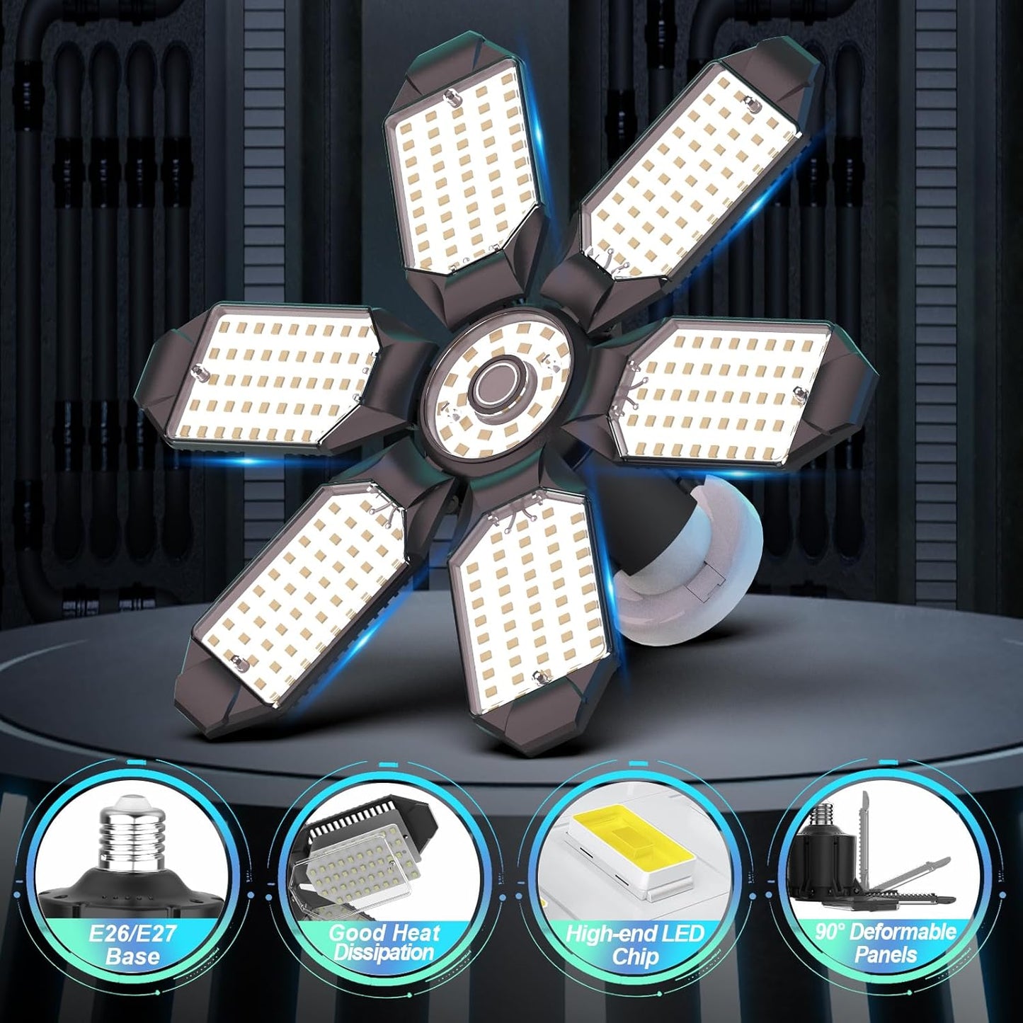 Led Garage Lights 6-Pack 200W Super Bright Ceiling Led Shop Lights, E26/E27 Base, 6500K, 22000LM Deformable Garage Light Ideal for Basement, Attic and Workshop