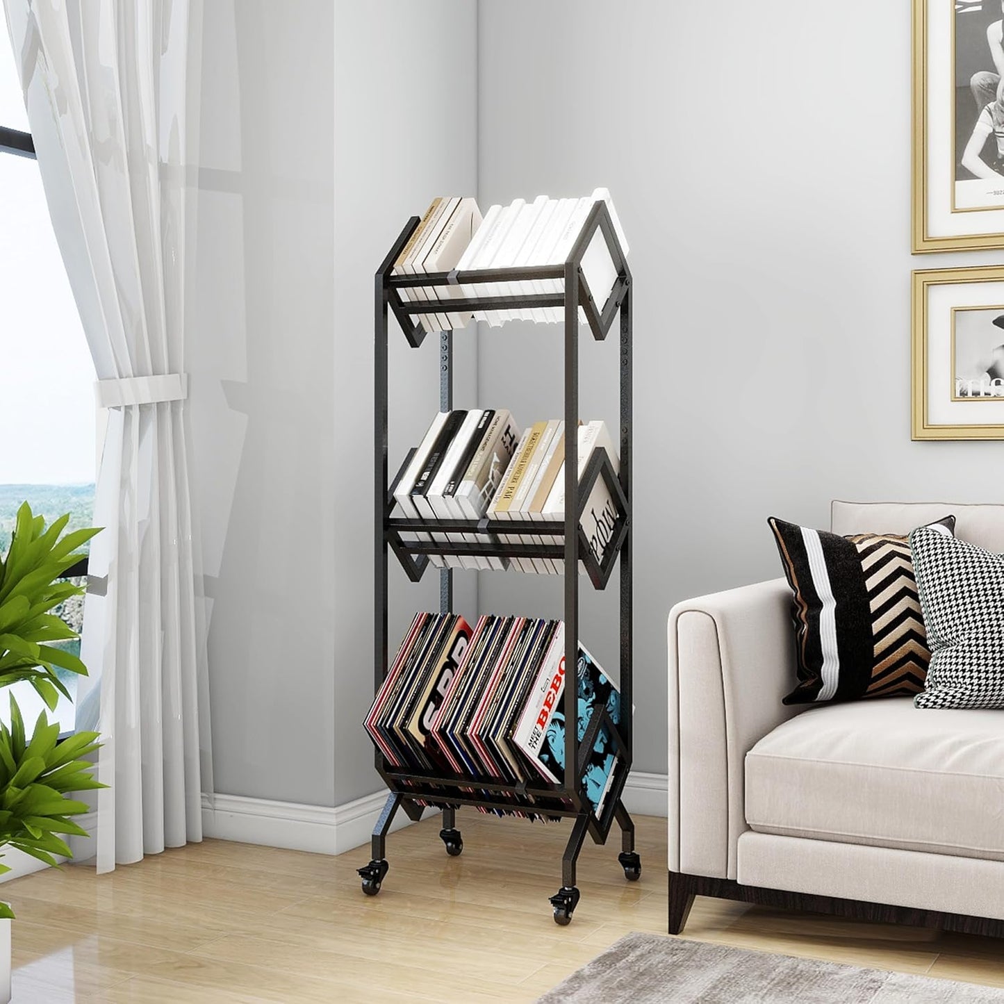 Bookshelf Book Cart Rack Industrial Metal Bookcase 3 Tier Holder with Wheels Modern Stylish Design Magazines Files Album Recipe Book Storage Organizer for Sofa End Bed Beside (3 Tier)