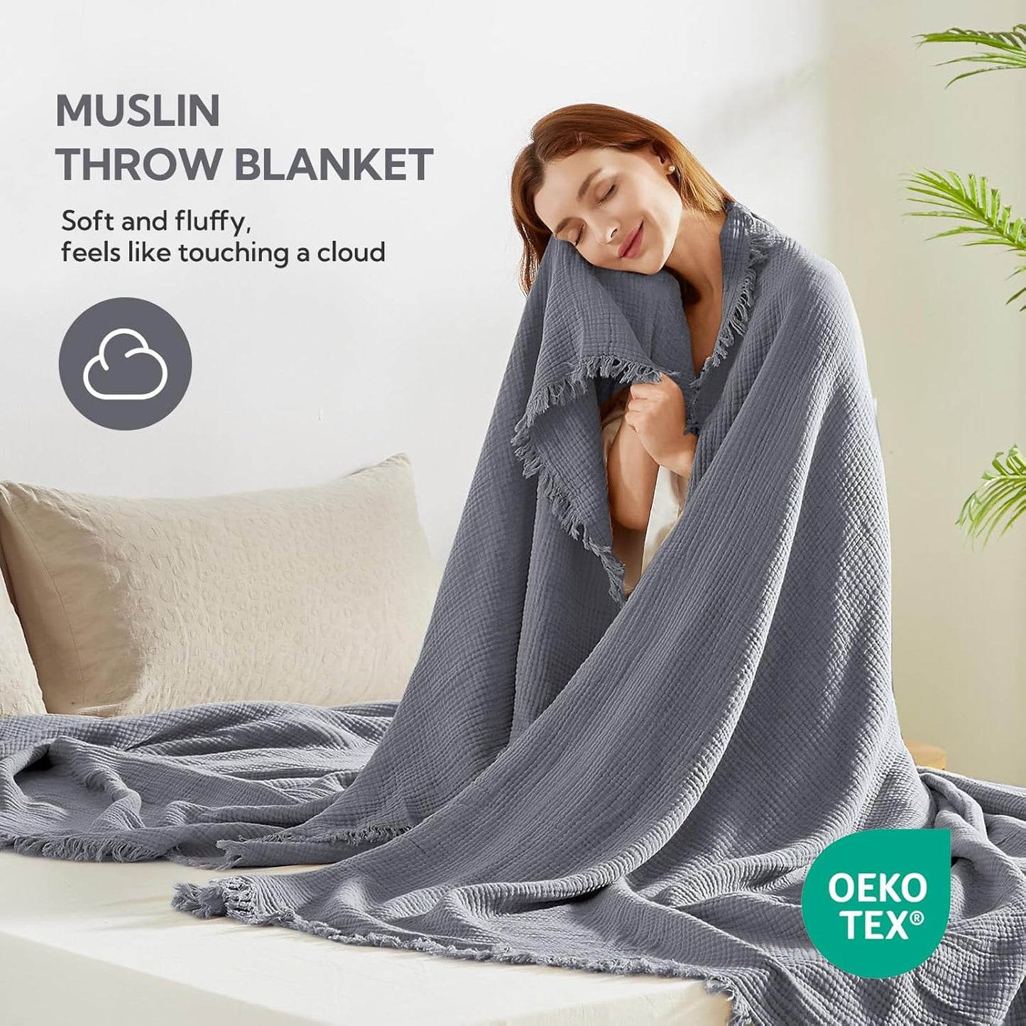 SOULFUL Muslin Throw Blanket with Tassels - Soft King Size Cotton Throw Blanket for Couch or Bed, Lightweight and Breathable Gauze for All Seasons, LightChampagne, 108" x 90"
