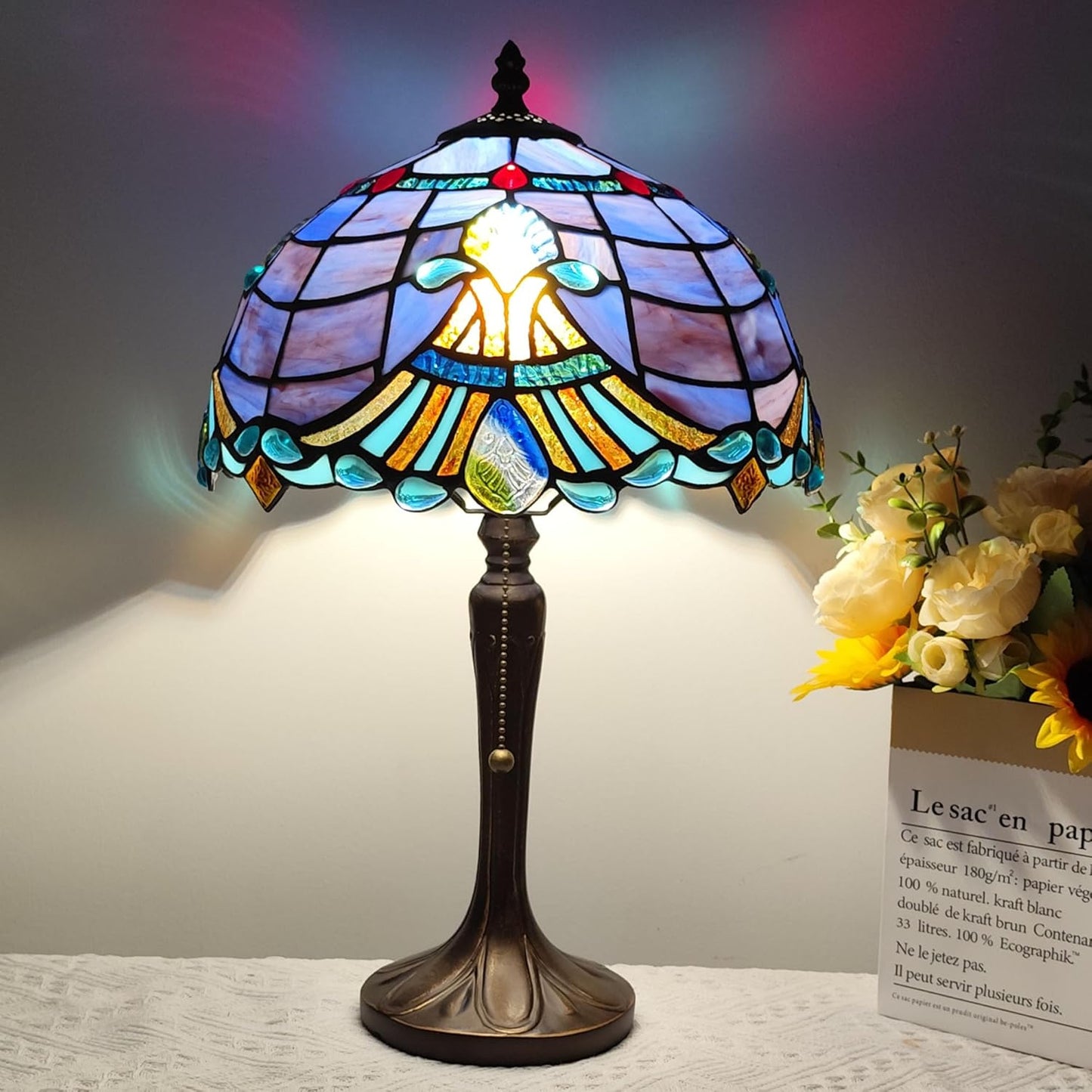 Tiffany Table Lamp Purple Baroque Style Stained Glass Lamp 3 Color Temperature 12 Inch Antique Desk Light Handcrafted Light for Bedroom Living Room Home, Included LED Bulb