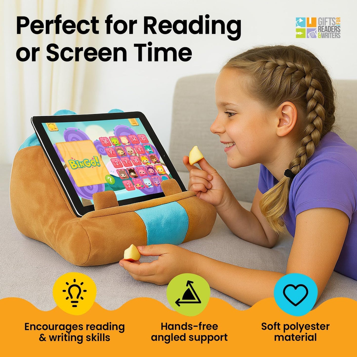 Gifts for Readers & Writers Kids Tablet Pillow Stand Holder Lap Soft iPad Stand Owl- Kindle Lap Holder for Reading Book Pillow for Reading in Bed, Soft Machine Washable Book Cushion with Pocket
