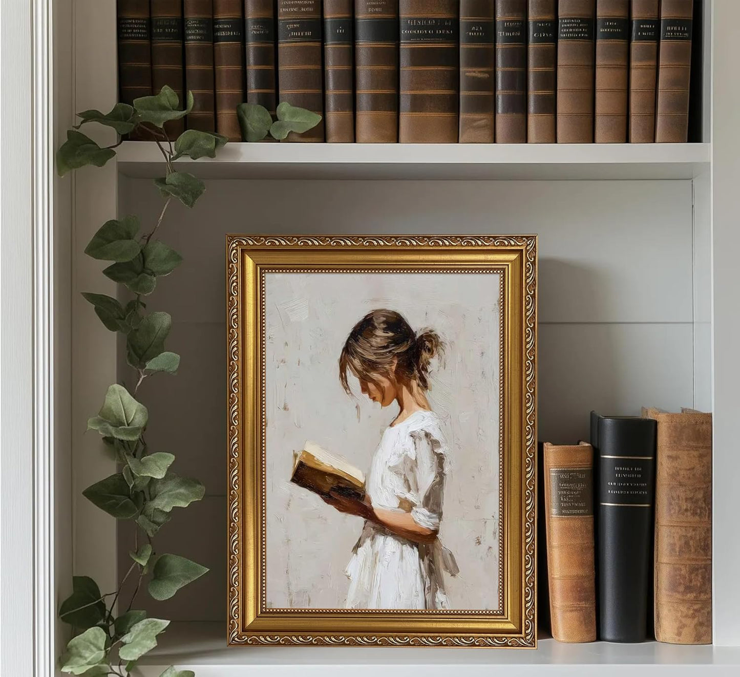 XIGBAWAN Framed Vintage Wall Art Woman Reading Portrait Victorian Gold Frame Canvas Painting Book Lover Reading Room Decor 12x16 Inch