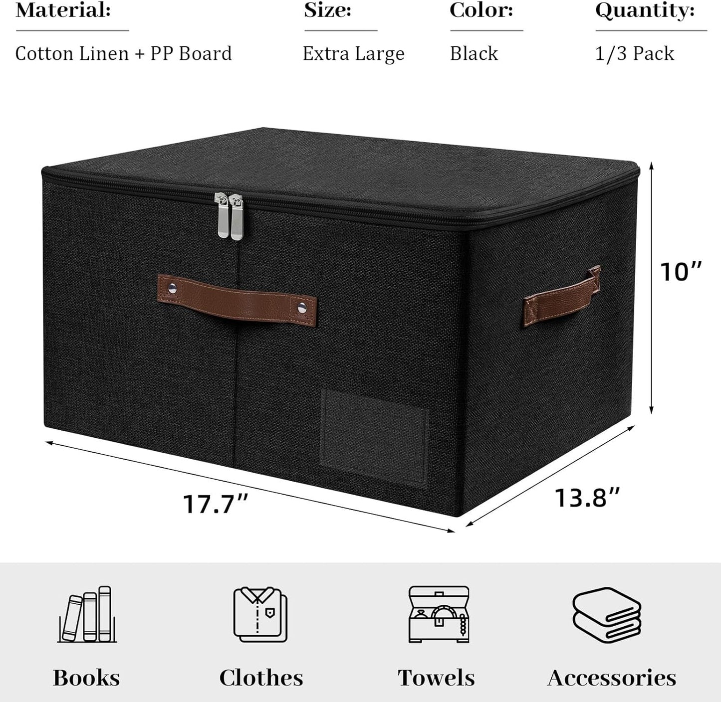 Lucky Monet 3PCS Storage Bins with Zipper Lids 17.7"x13.8" x10" Foldable Lidded Fabric Storage Boxes Cotton Linen Closet Shelf Clothes Organizer with Handles & Label Pocket (Black, Extra Large)