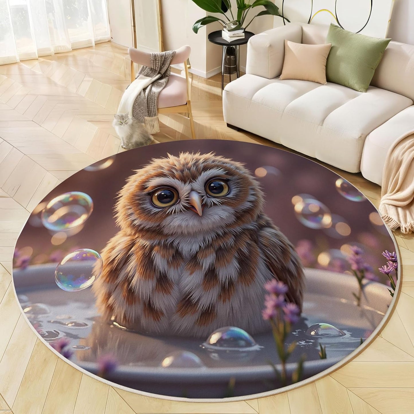 Round Rug for Kids Room, Cute Owl Bathtub Round Rugs 3Ft, Realistic Animal Style Circle Rug, Brown Washable Circle Carpet for Living Room Bedroom, Non Slip Low Pile Thin Area Rugs