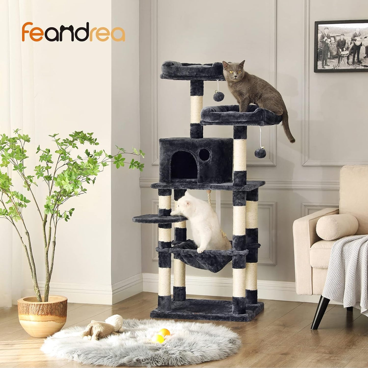 Feandrea Cat Tree, 56.3-Inch Cat Tower, Multi-Level Plush Condo with 11 Scratching Posts, 2 Perches, Hammock, Cave, Smoky Gray UPCT15GYZ