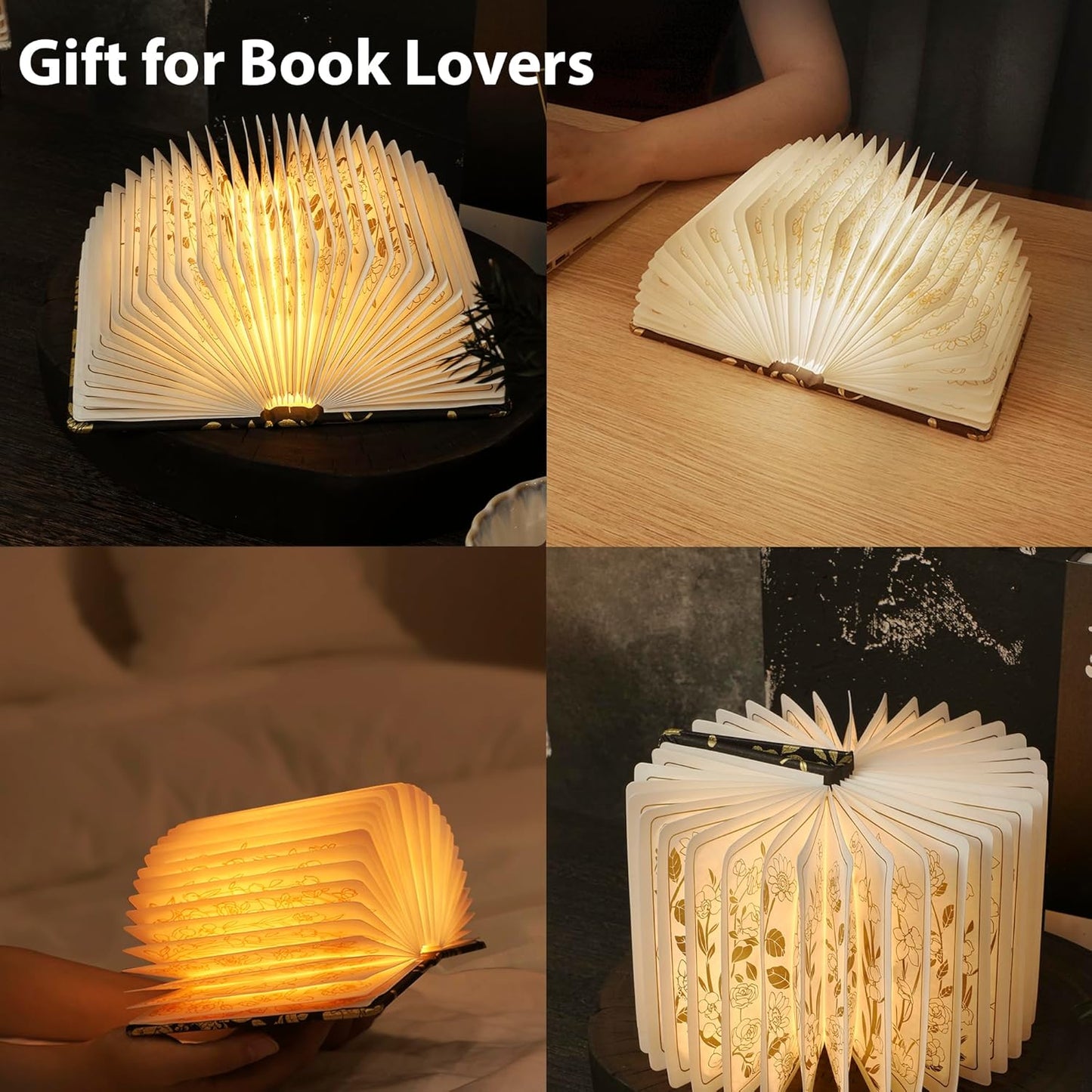 Floral Print Book Light,3-Color Book Lamp Book Lovers Gifts | 1200mAh Portable Foldable Paper Desk Lamp | Night Reading Bookshelf Lamp,Valentine Ambient Lighting Decorations Gifts(Black Gold)