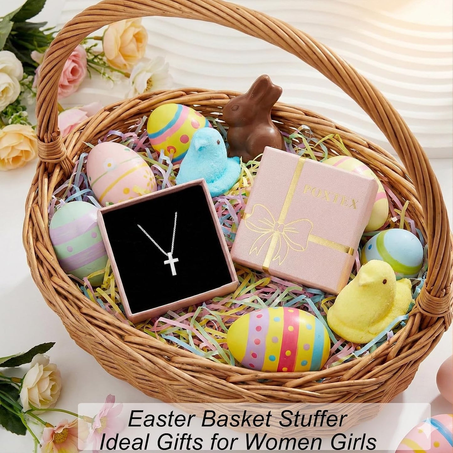 Easter Basket Stuffer Cross Necklace for Women Girls, Dainty 14K Gold Silver Plated Cross Choker Jewelry Non Tarnish Waterproof Cute Simple Small Necklace Christian Baptism Religious Faith Jewelry Gifts